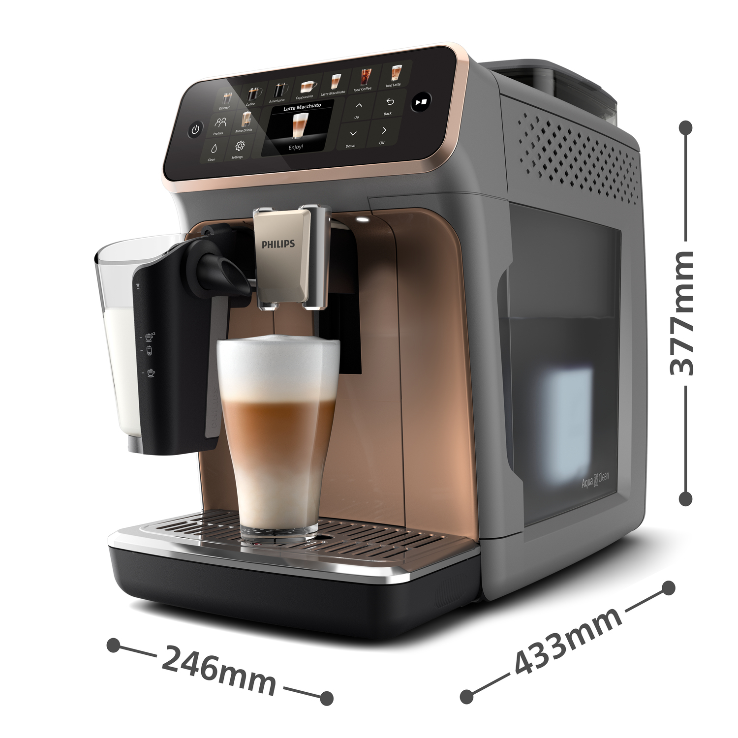 Seitenansicht einer Philips Espressomaschine. Ein Latte Macchiato wird zubereitet.