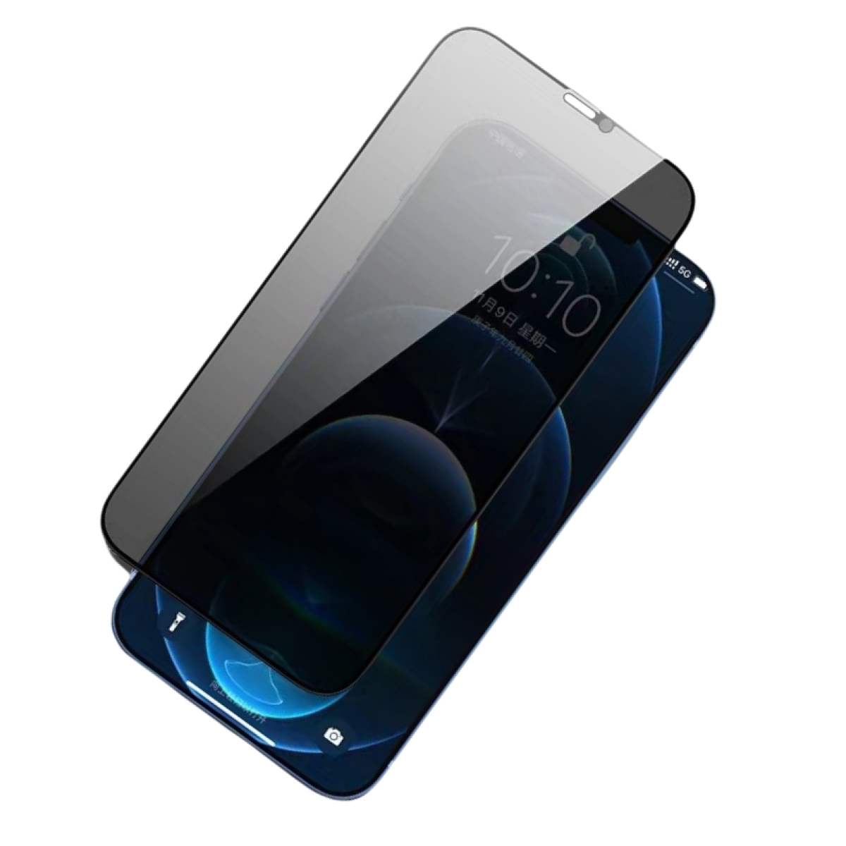 Zwei Smartphones mit Displayschutzfolien, eines zeigt eine Zeitanzeige.