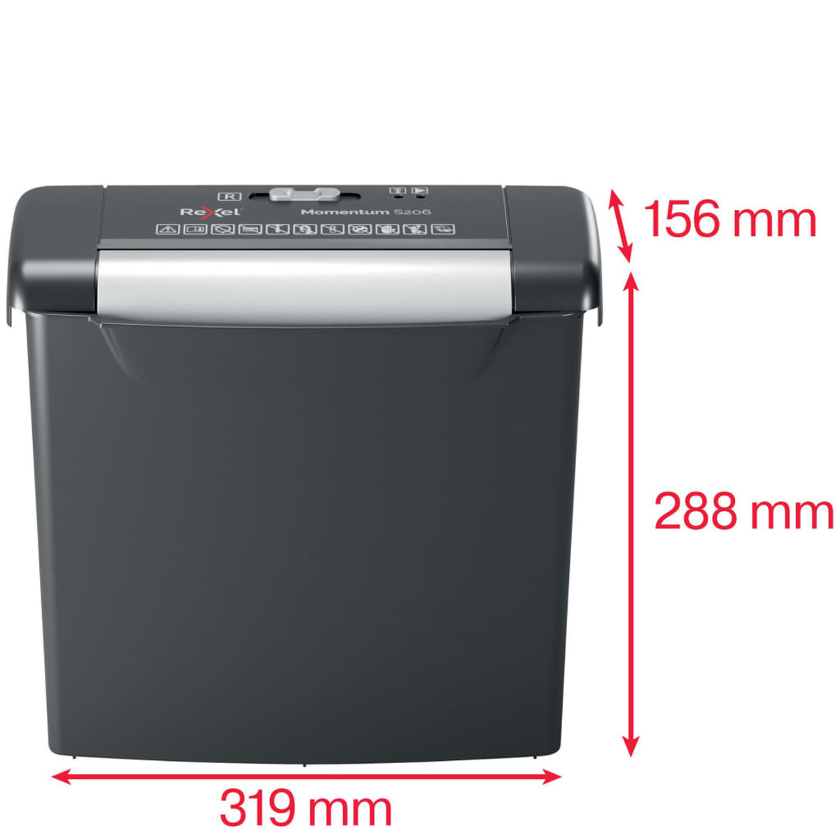 Ciemnoszara niszczarka do papieru z wymiarami: 156 mm wysokości, 288 mm długości, 319 mm szerokości.
