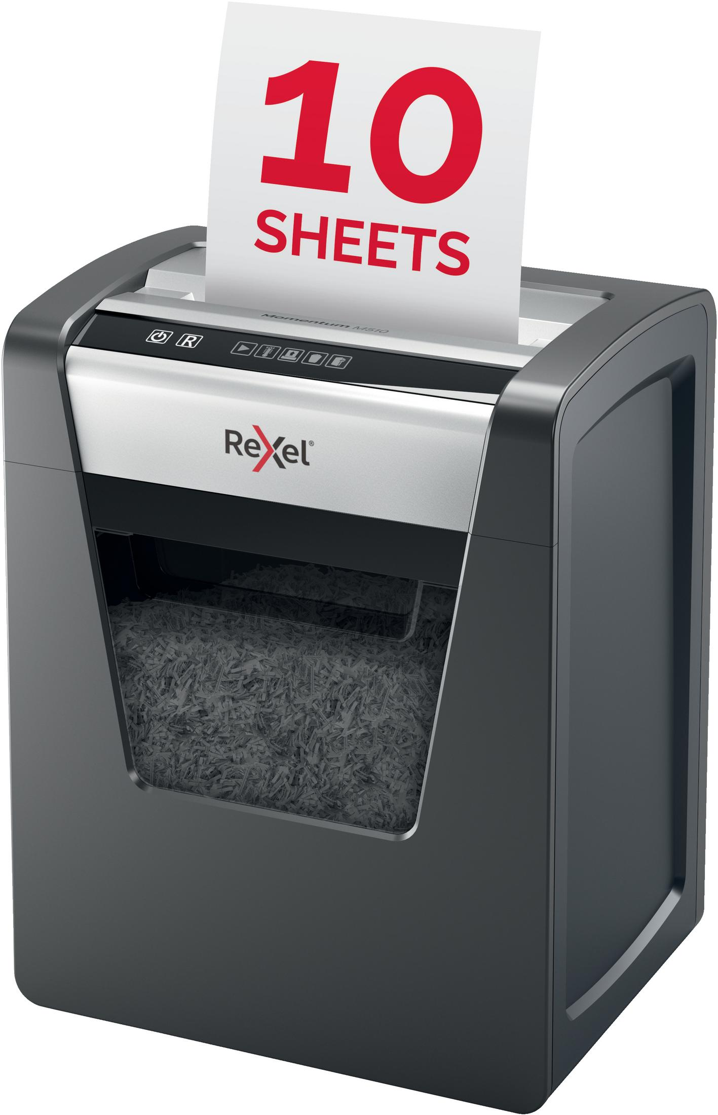 Czarno-szara niszczarka do papieru ze stosem papieru z napisem '10 ARKUSZY'.