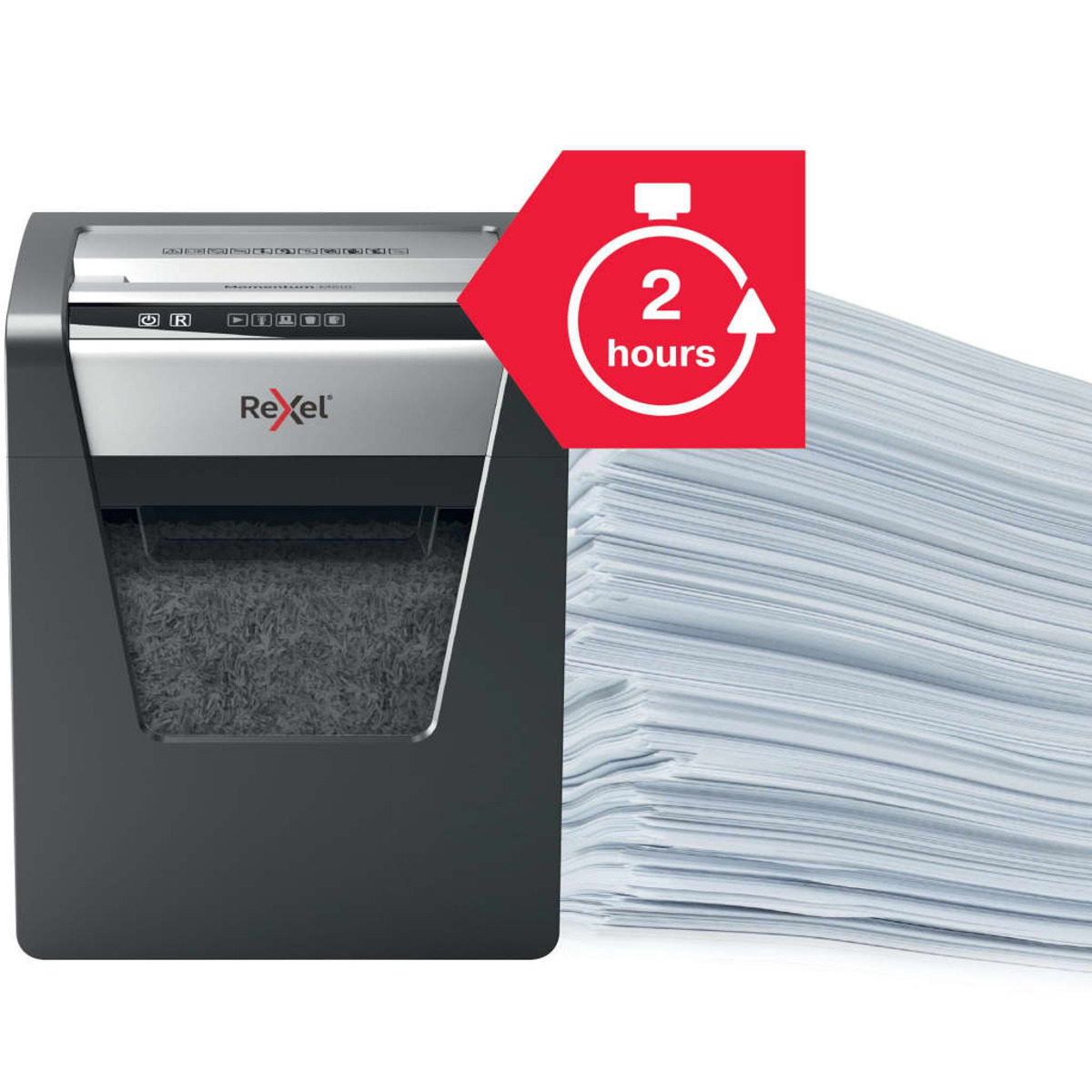 Czarna i srebrna niszczarka do papieru z czerwoną ikoną 2 godzin obok stosu papieru.