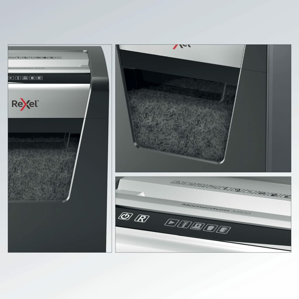 Zbliżenia czarno-srebrnej niszczarki do papieru Rexel, pokazujące pocięty papier.