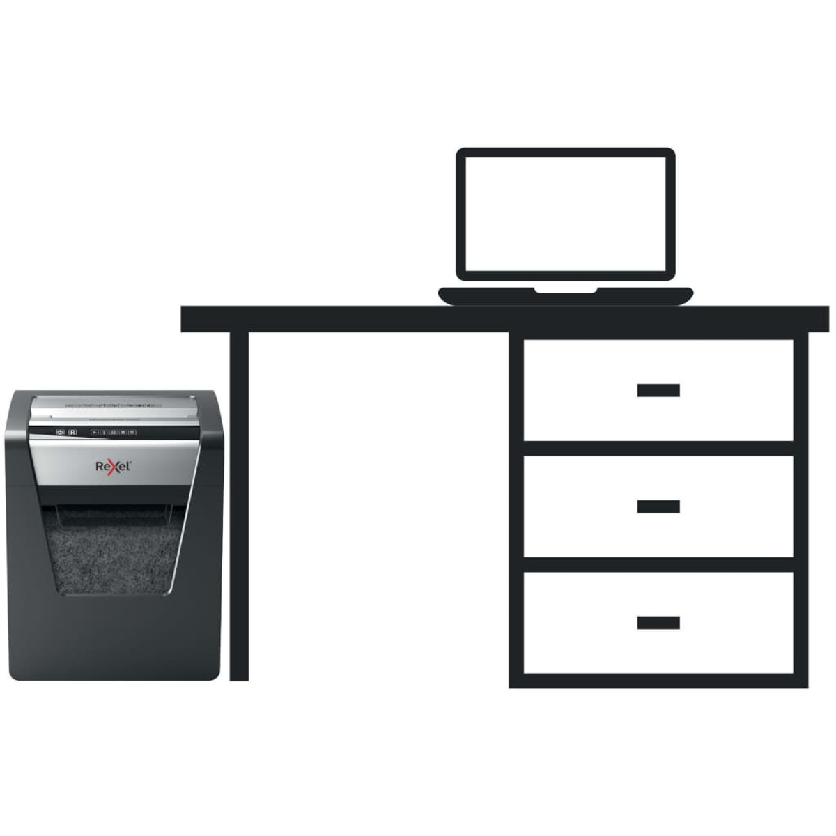 Rysunek liniowy biurka z laptopem, niszczarką do papieru i trzema szufladami.