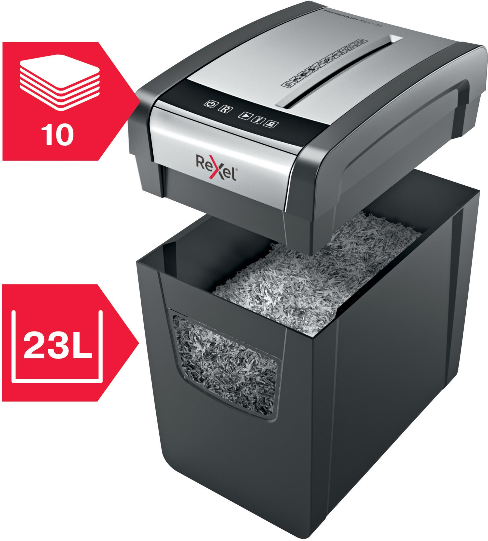 Niszczarka do papieru z przezroczystym pojemnikiem, etykietą 10 kartek i etykietą 23L.