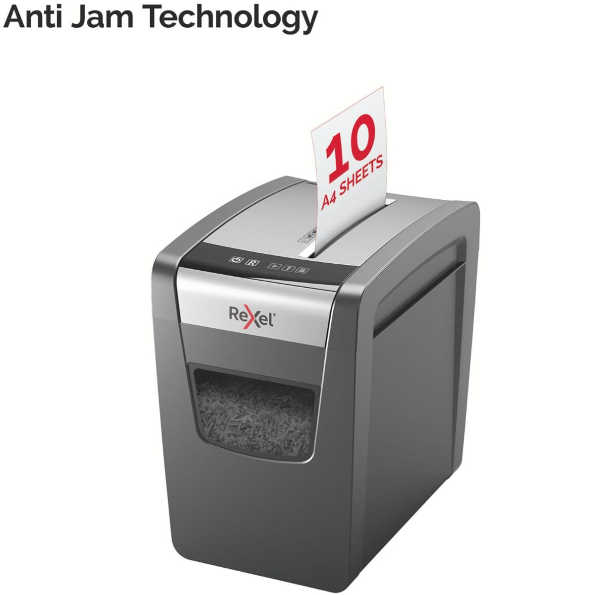Niszczarka do papieru ze srebrną górą, niszcząca papier, widoczny tekst "Anti Jam Technology".