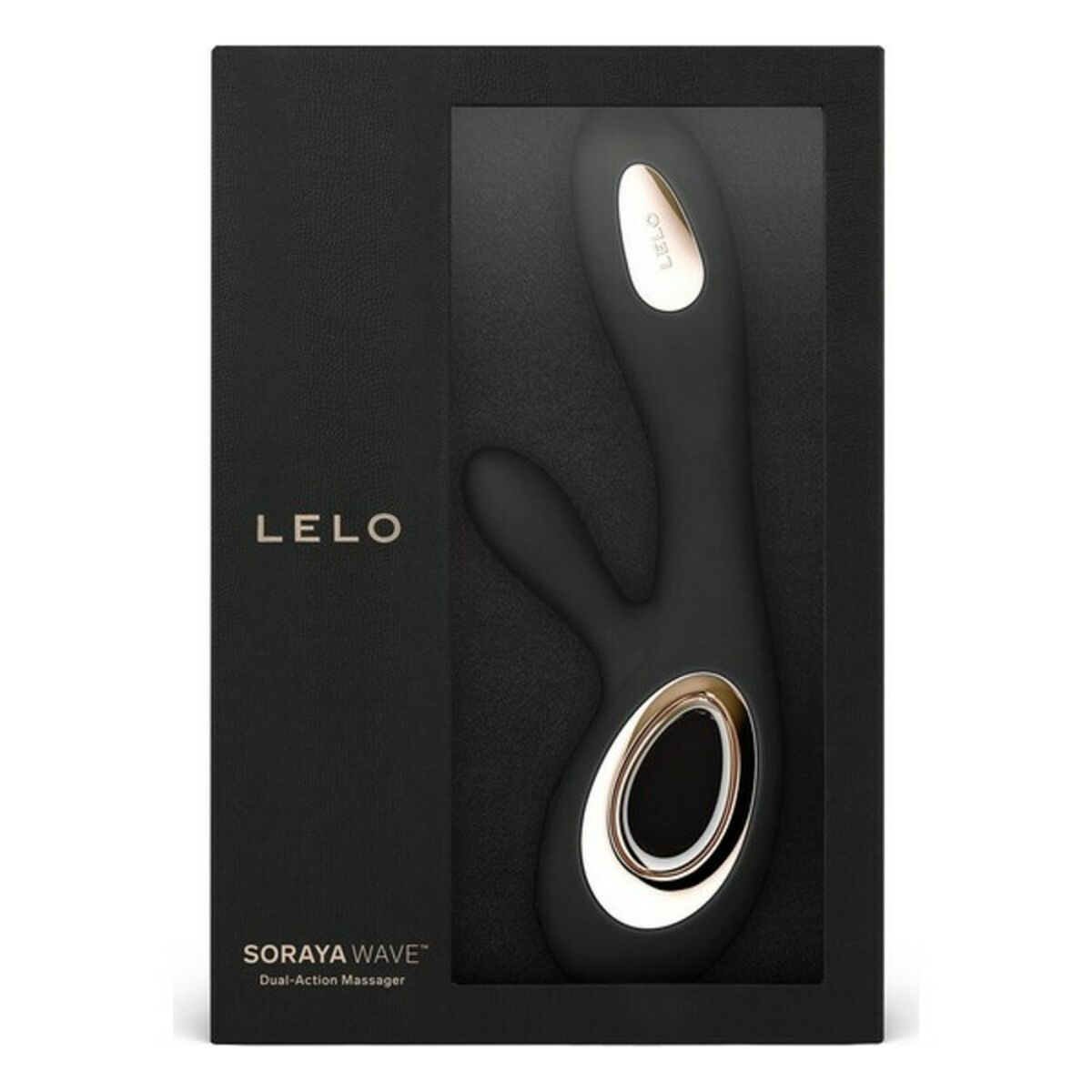 Masajeador LELO negro en una caja negra. El masajeador es negro con detalles dorados. La caja tiene impreso LELO y Soraya Wave.