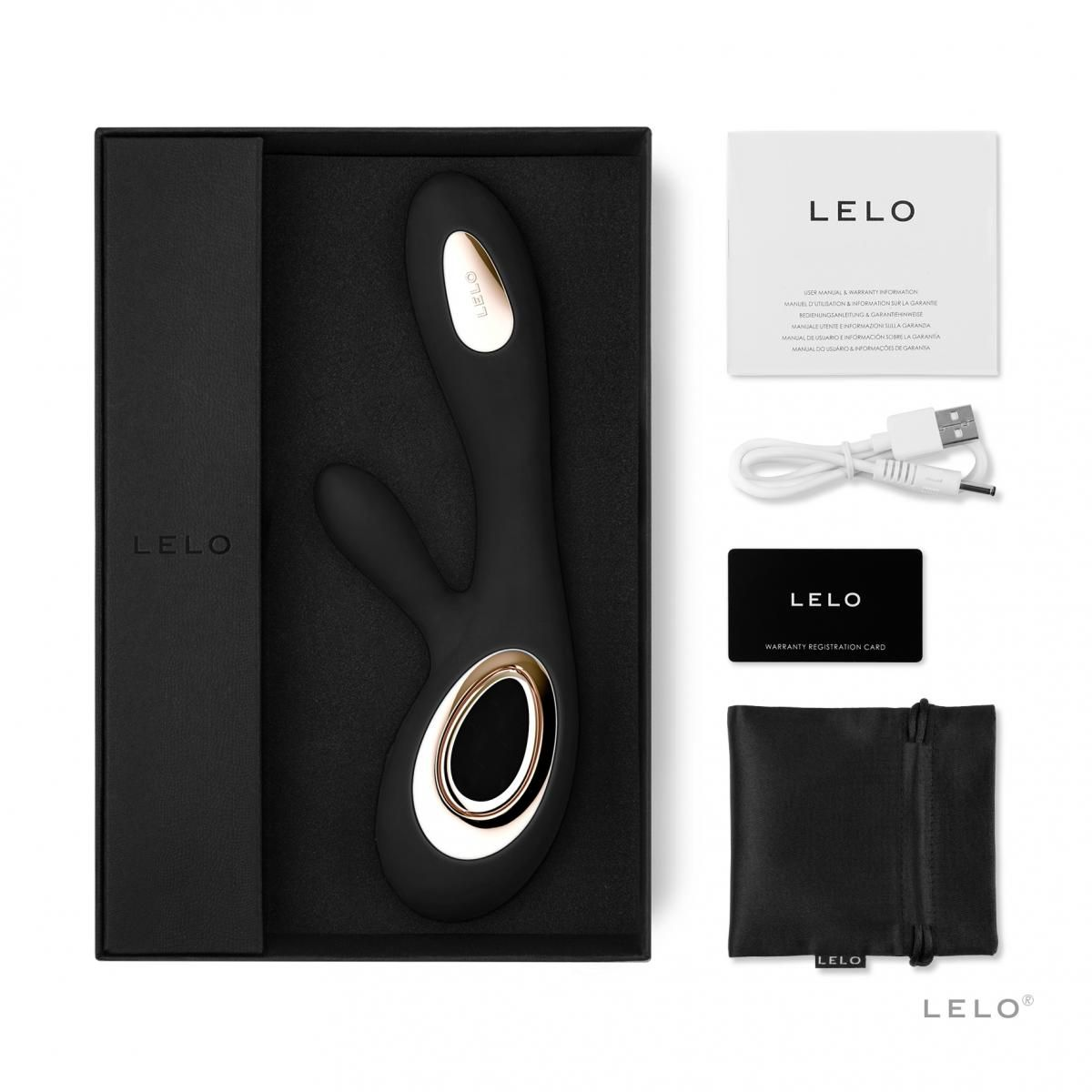 Juguete sexual LELO negro, en su caja con accesorios, incluida una tarjeta de garantía y un cable de carga.