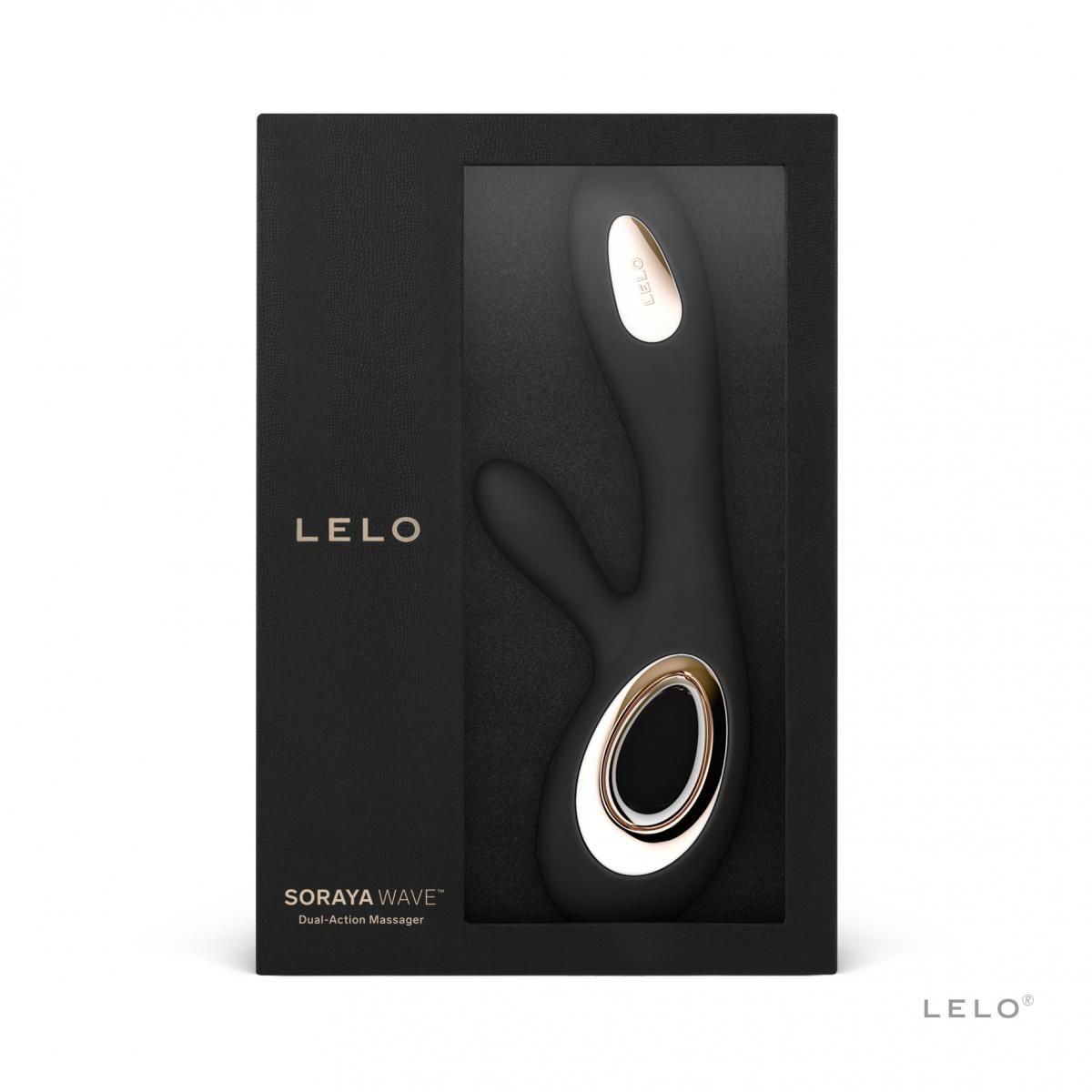 Juguete sexual negro en caja con detalles dorados. Visible la marca LELO.