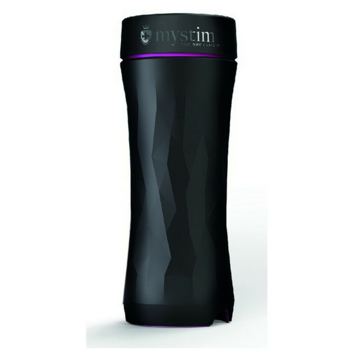 Czarna zabawka erotyczna z fioletowymi akcentami. Logo Mystim na górze.