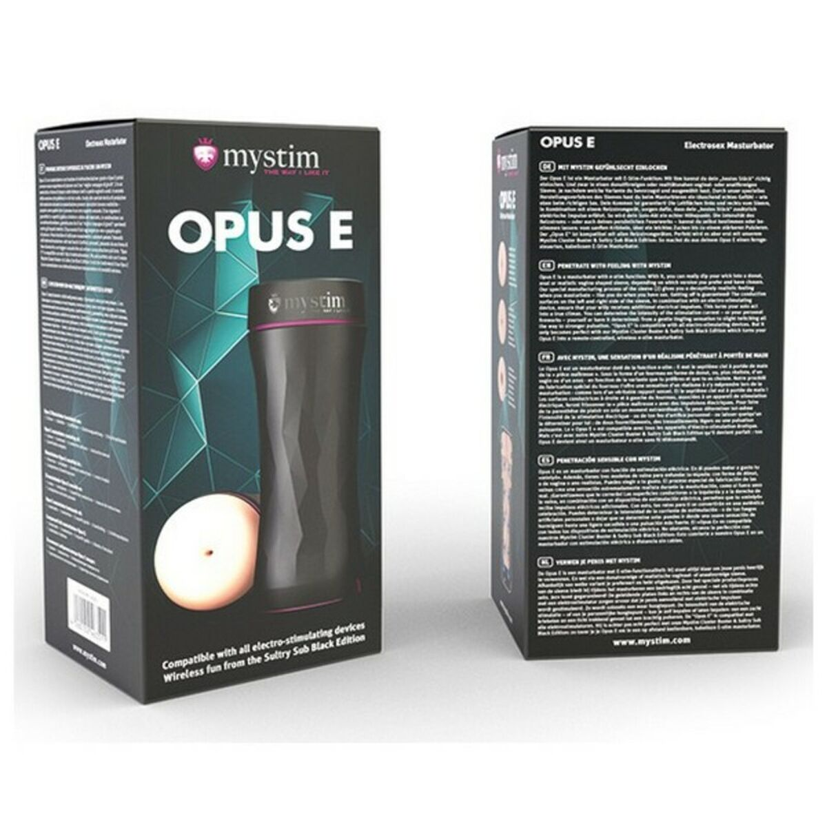 Pudełko zabawki erotycznej mystim OPUS E. Pokazuje produkt i tekst.