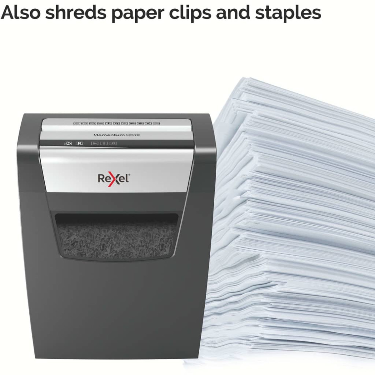 Niszczarka Rexel z pociętym papierem i stosem pełnych arkuszy. Tekst: Również spinacze.