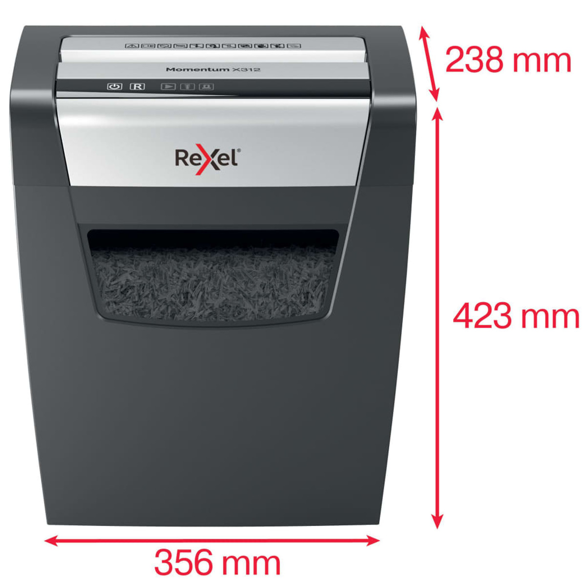 Niszczarka do papieru Rexel z wymiarami w mm zapisanymi na niej. Pokazano 238 mm, 423 mm i 356 mm.
