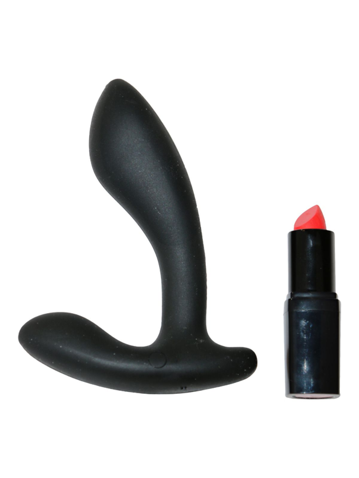 Czarna zabawka erotyczna i czerwona szminka, białe tło.