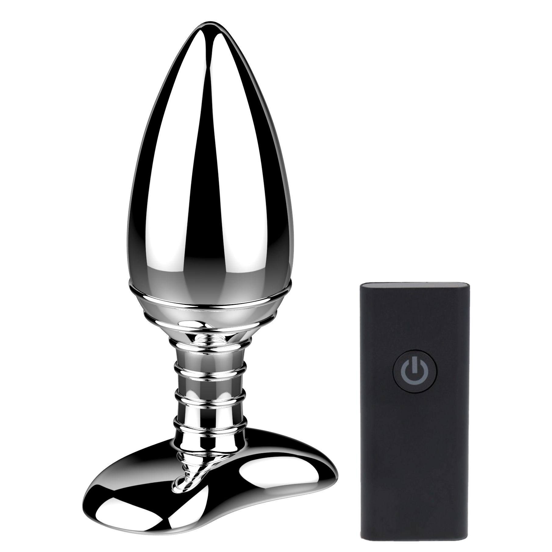 Srebrna wtyczka analna i czarny pilot.