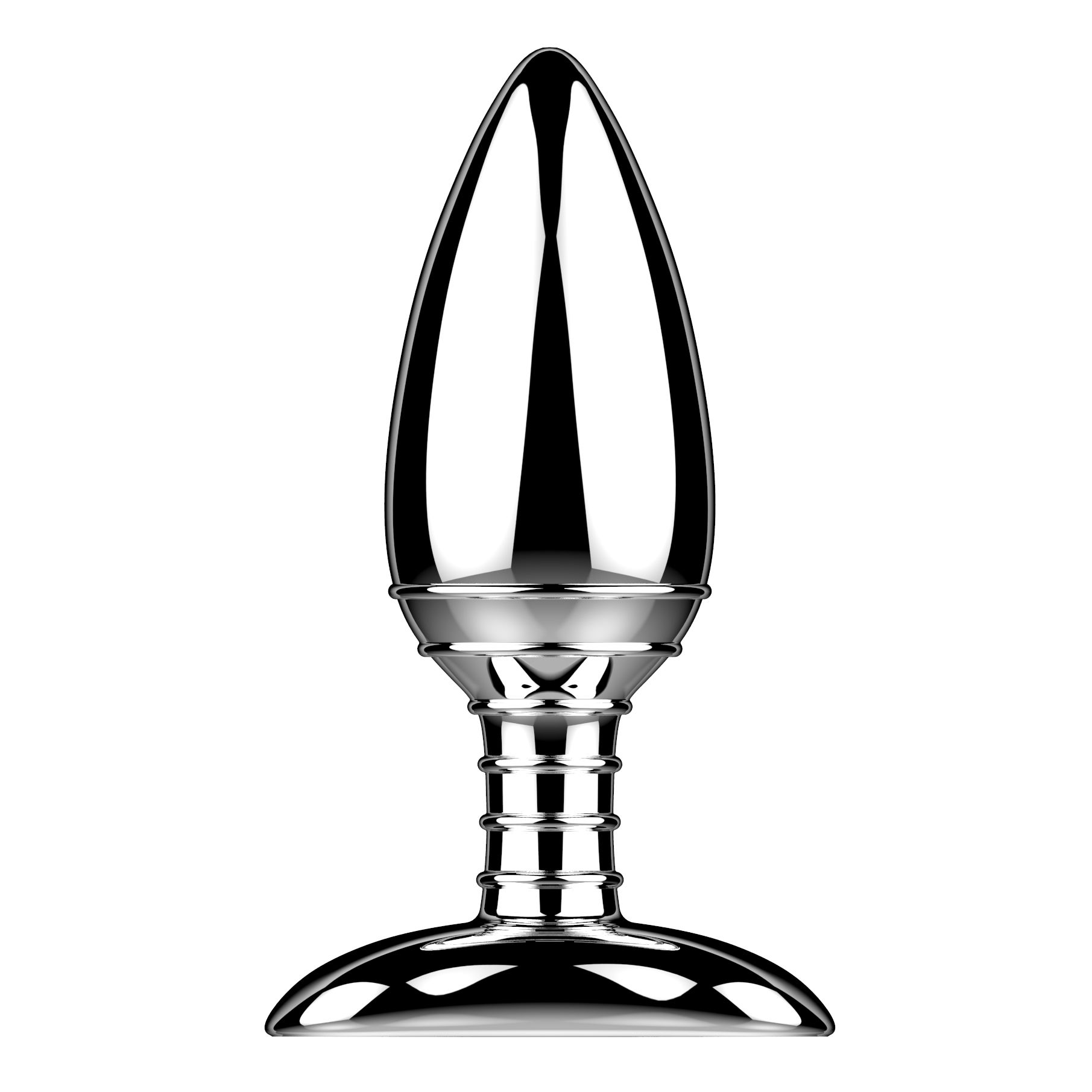 Srebrny metalowy korek analny, błyszczący i odblaskowy, na białym tle.