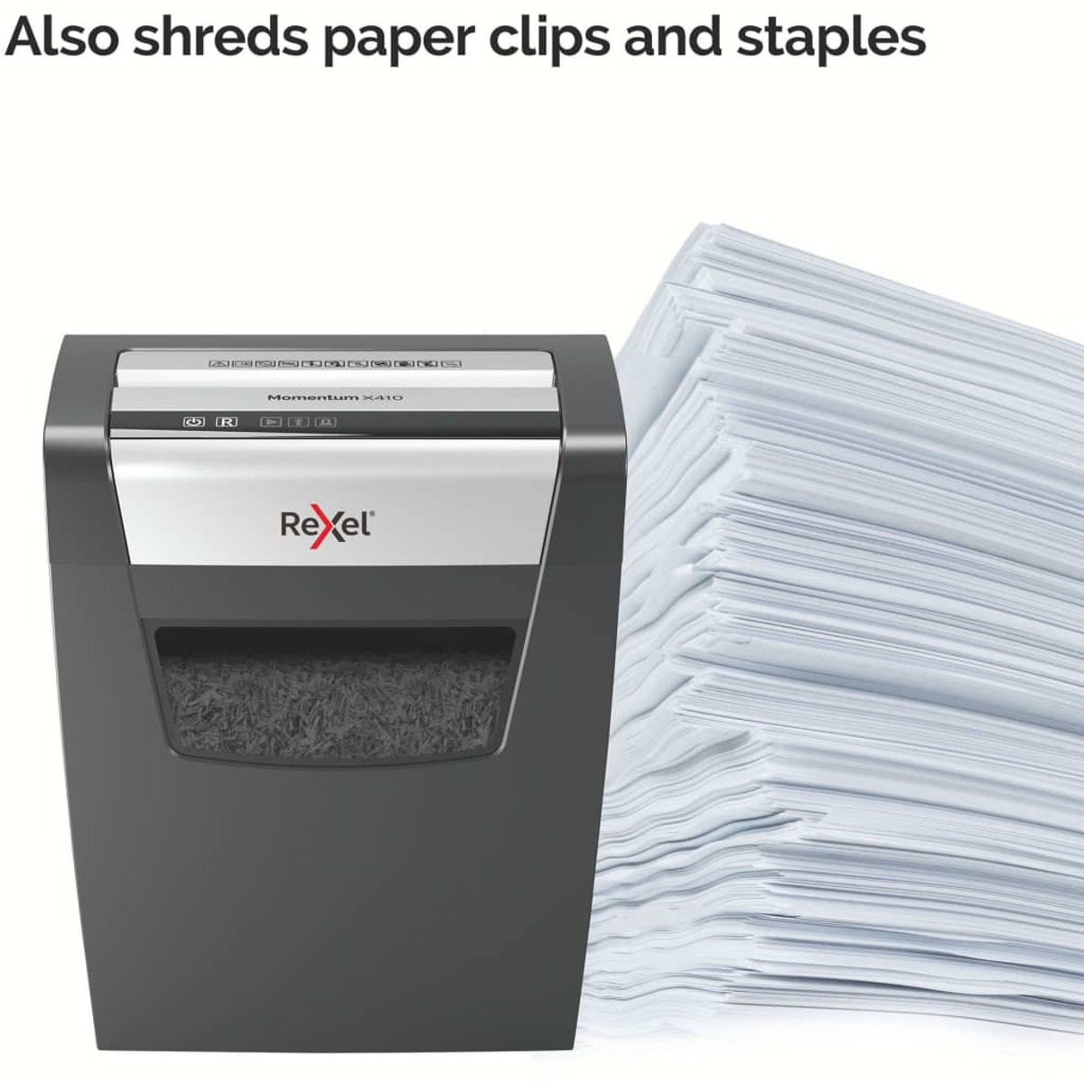 Niszczarka do papieru ze stosem papieru. Niszczarka jest czarna i szara, marki Rexel. Pocięty papier w pojemniku.