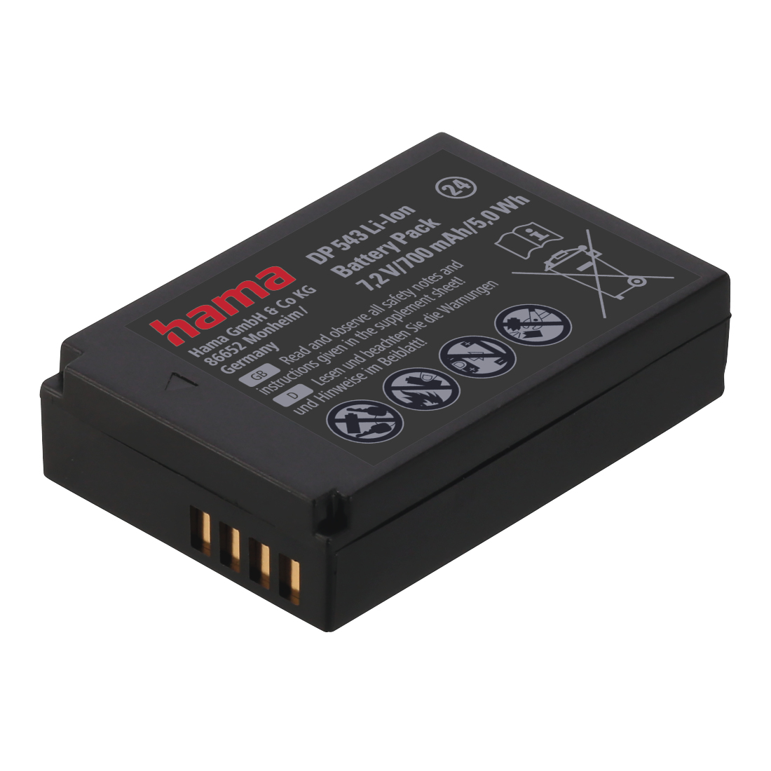 Batteria nera Hama DP 543 Li-Ion con dettagli tecnici e simboli di sicurezza stampati.
