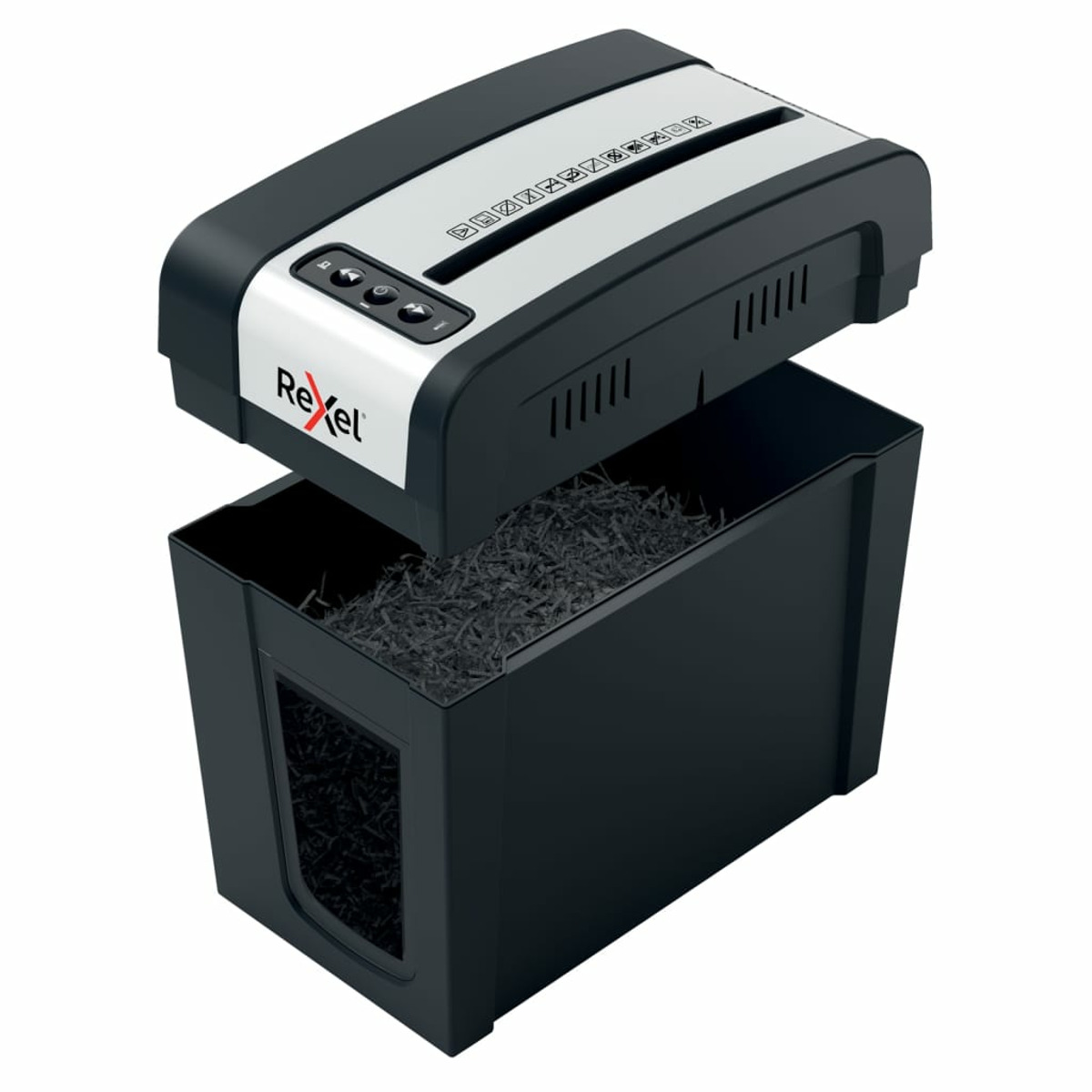 Czarno-srebrna niszczarka do papieru z wyjmowanym czarnym pojemnikiem wypełnionym pociętym papierem.