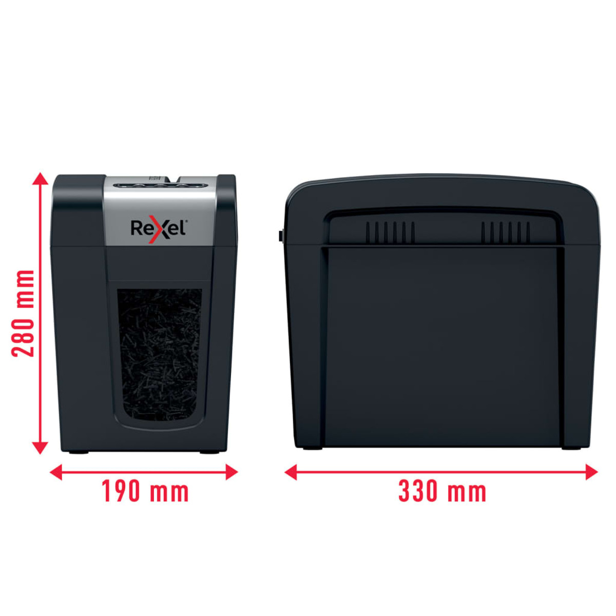 Dwie czarne niszczarki Rexel obok siebie, z wymiarami w milimetrach.