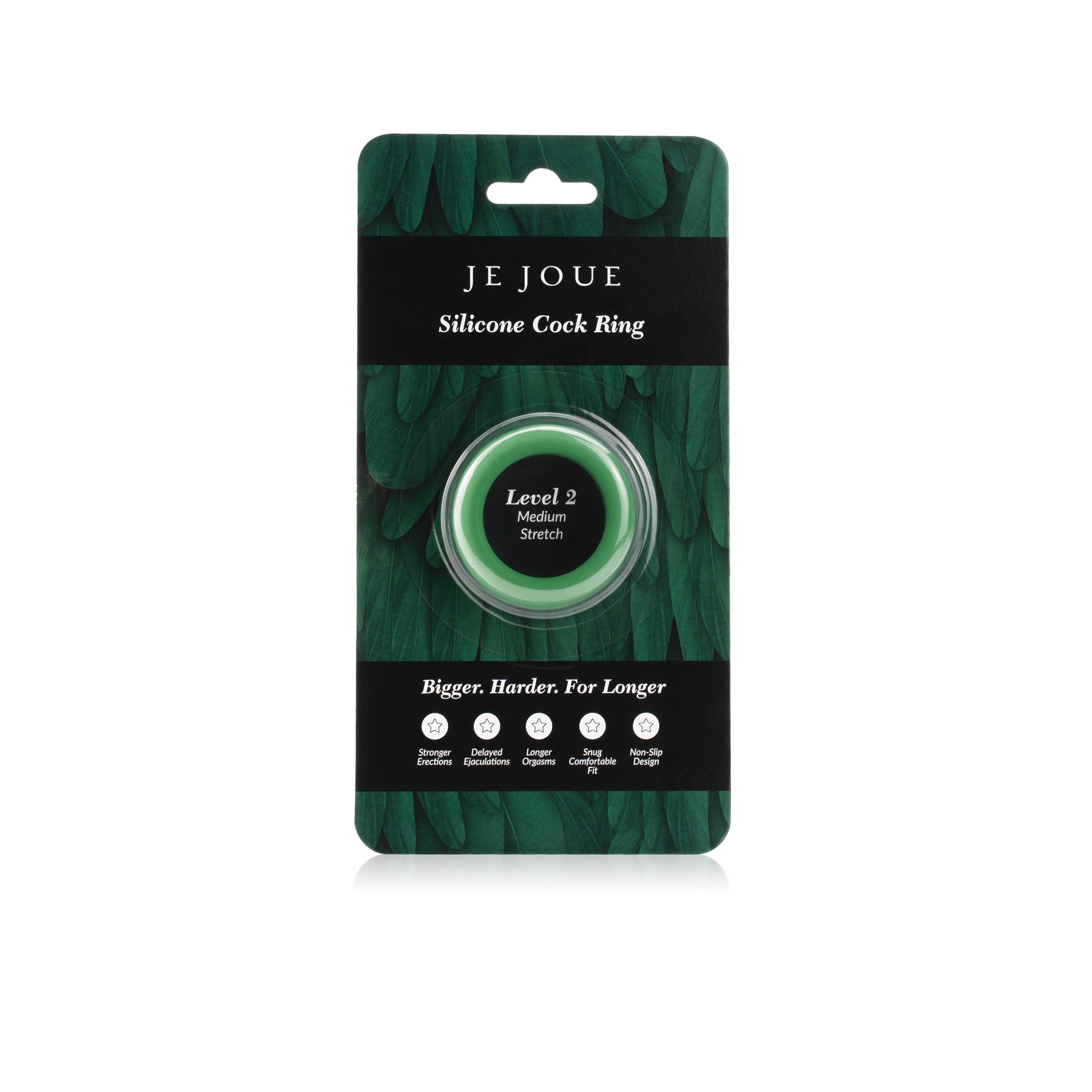 Anillo de silicona verde en paquete. El texto dice 'Bigger, Harder, For Longer'.