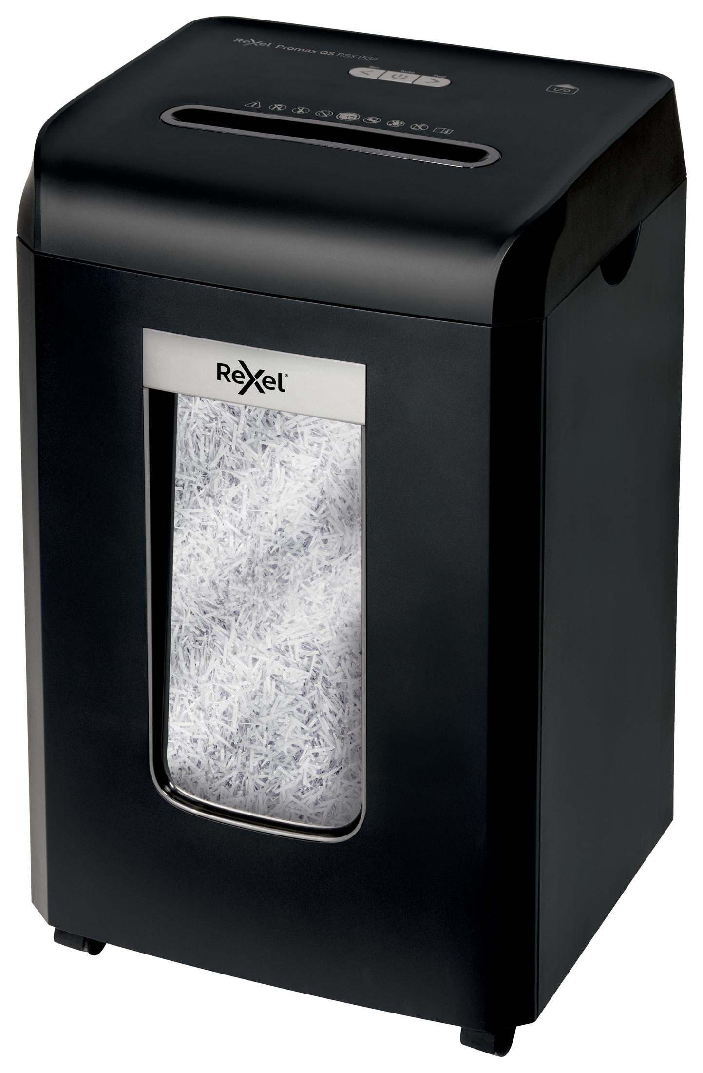 Czarna niszczarka do papieru, z oknem pokazującym pocięty papier.