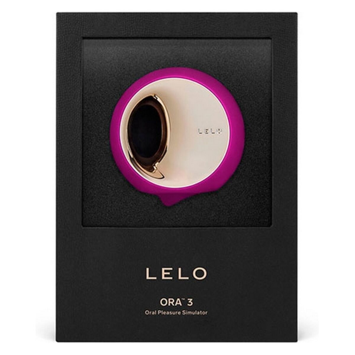 Un simulador de placer oral LELO ORA 3 rosa y dorado en una caja negra.