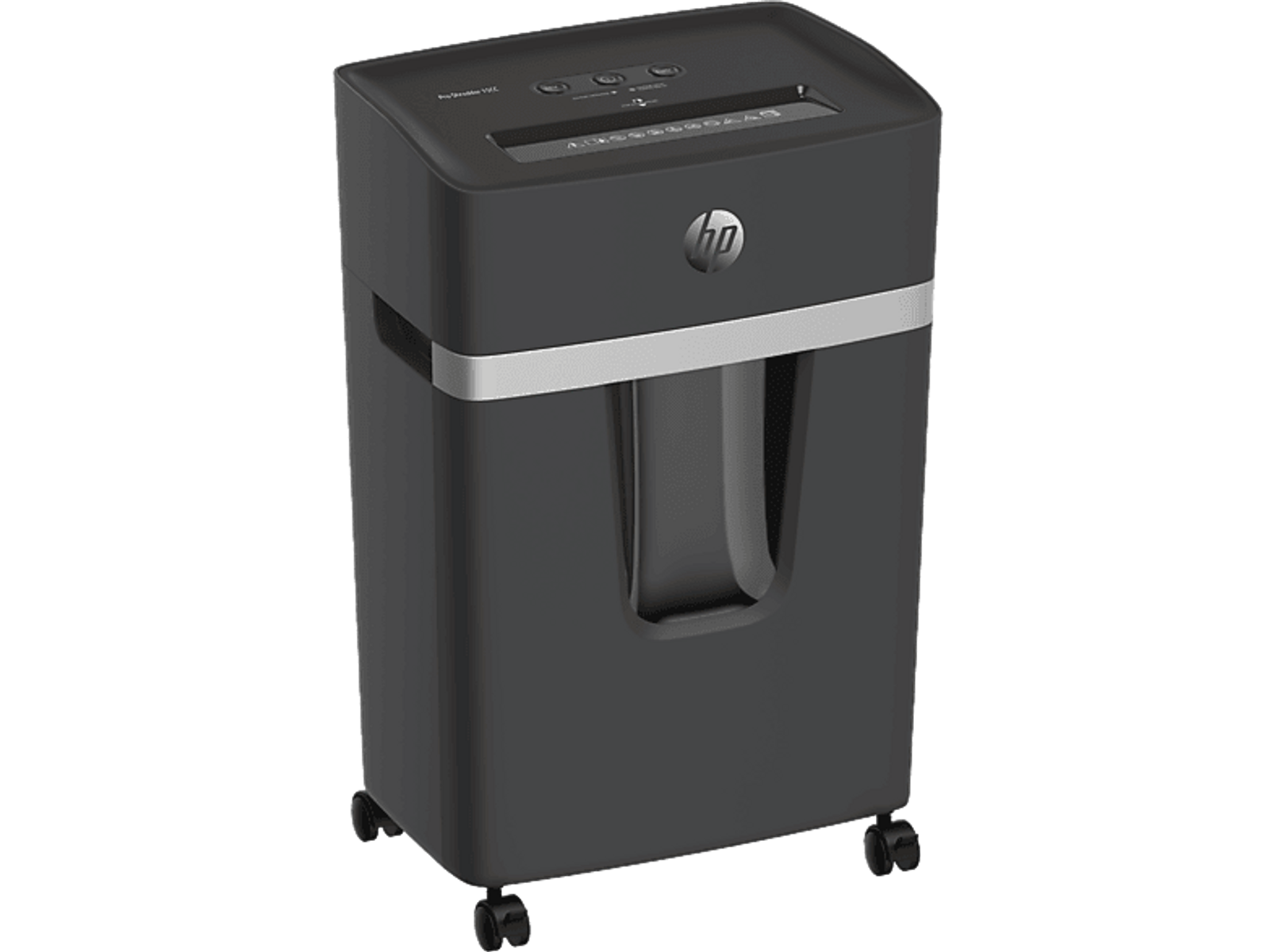 Ciemnoszara niszczarka HP na kółkach. Srebrny pas wokół środka.