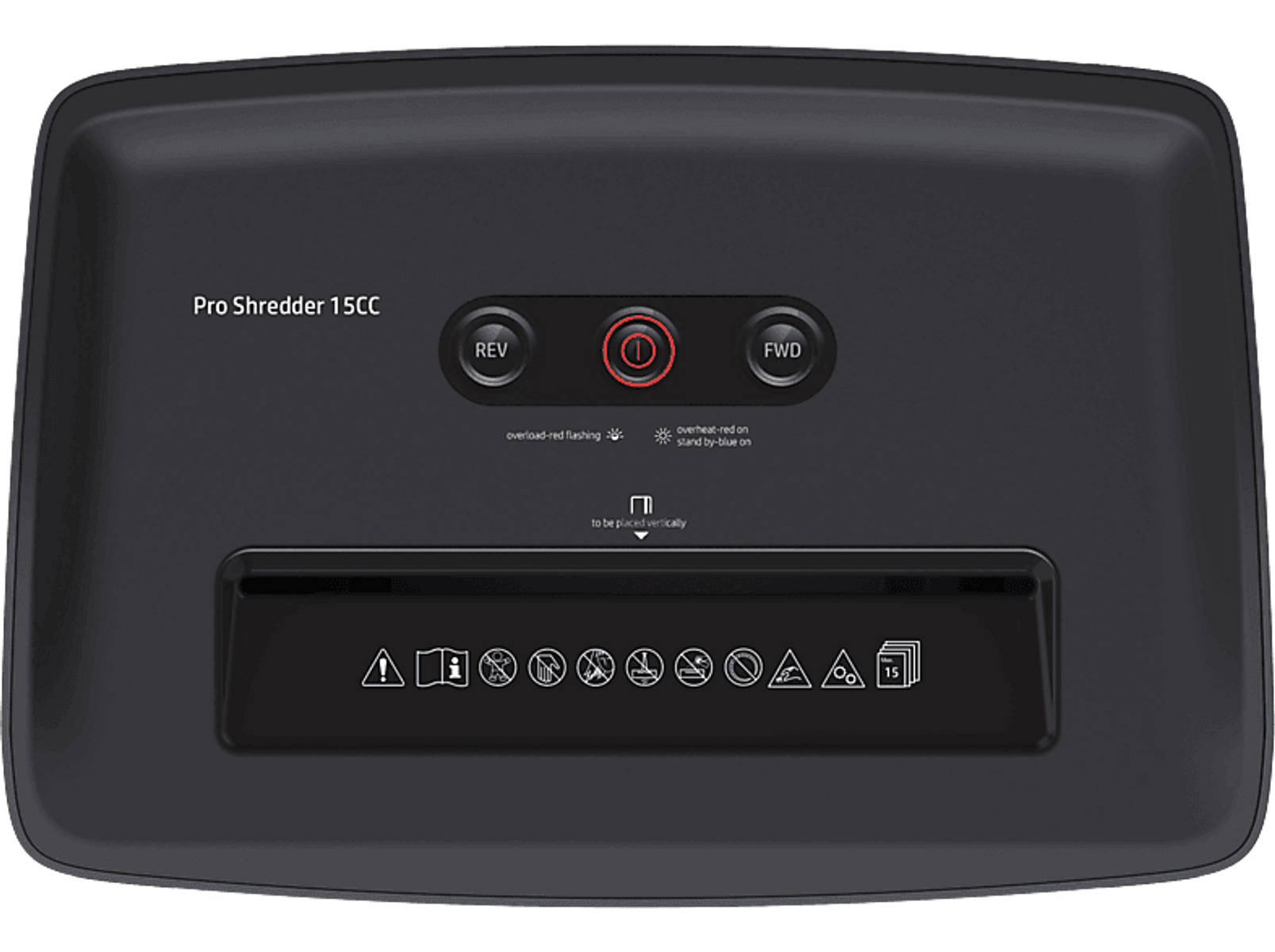 Czarna niszczarka z przyciskami i czerwonym przyciskiem zasilania. Góra jest czarna.