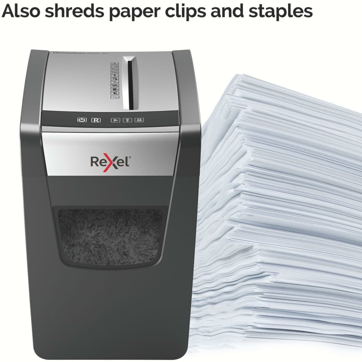 Niszczarka do papieru ze stosem pociętego papieru. Niszczy również spinacze i zszywki. Czarna.