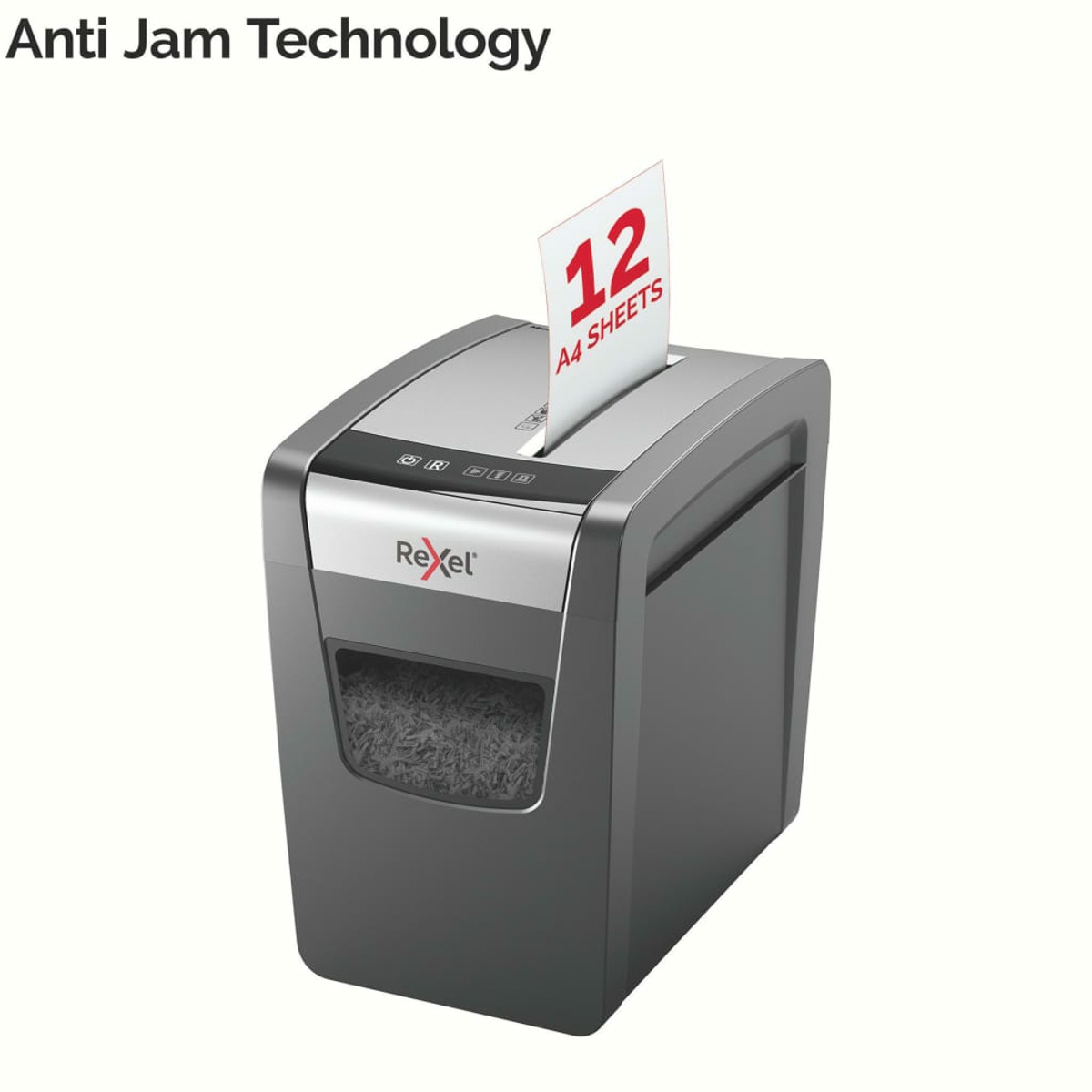 Niszczarka Rexel niszcząca papier. Tekst: Anti Jam Technology. Białe tło.