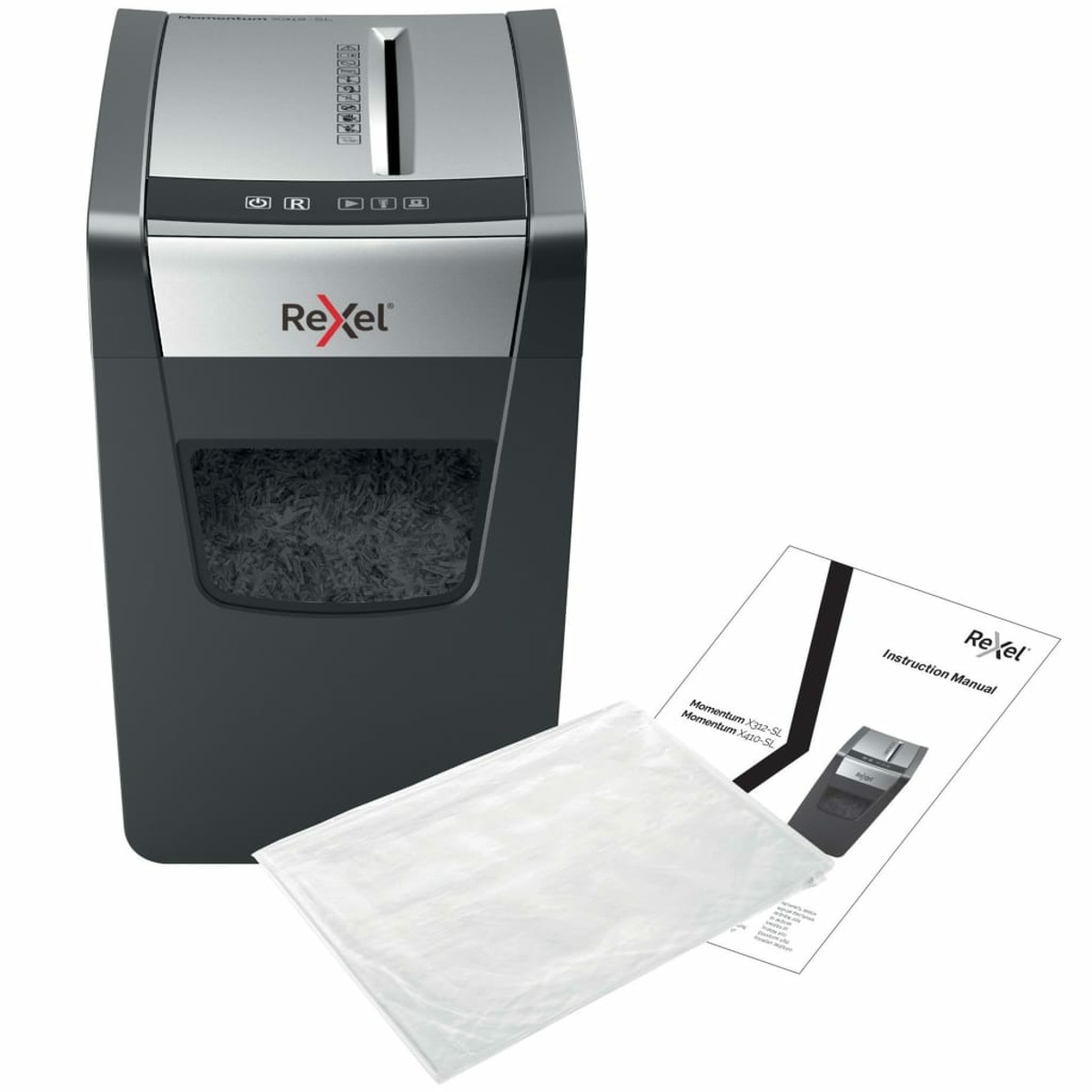 Niszczarka do papieru, plastikowa torba i instrukcja na białej powierzchni.