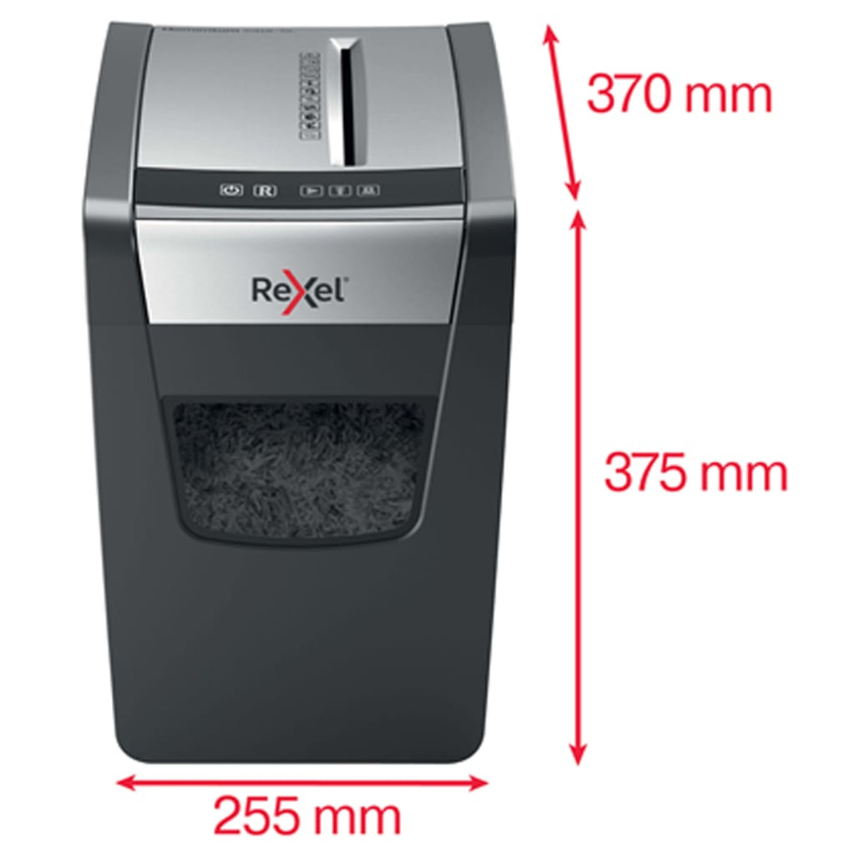 Niszczarka do papieru o wymiarach 370 mm, 375 mm i 255 mm.