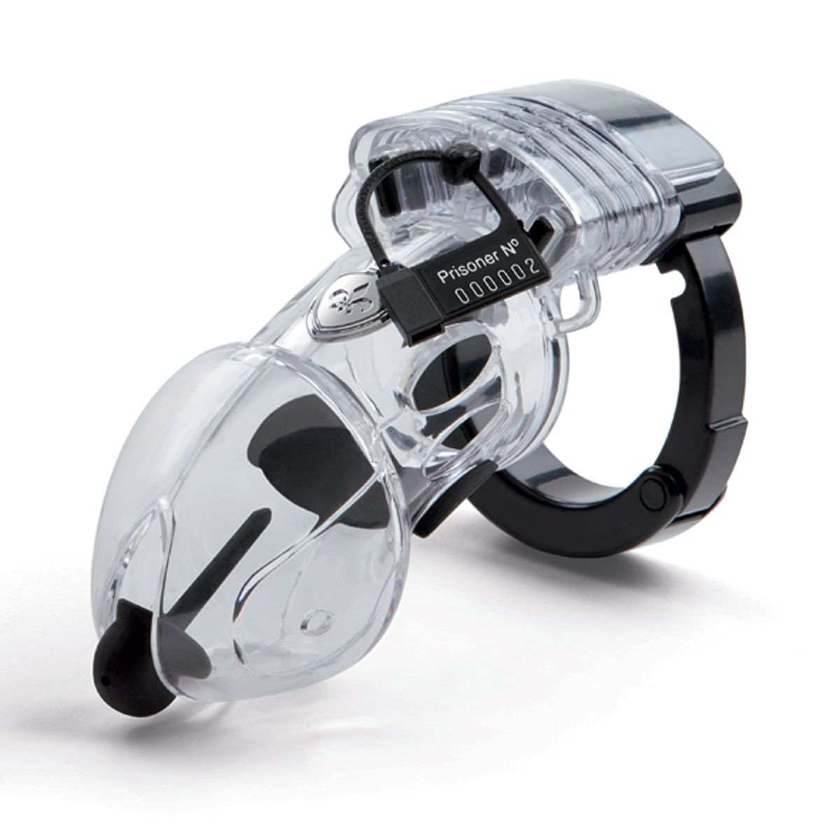 Przezroczysta klatka czystości z czarną kłódką i numerem 000002.