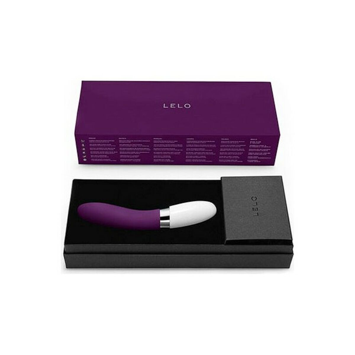 Fioletowo-biała zabawka erotyczna i jej fioletowe pudełko na czarnej powierzchni.