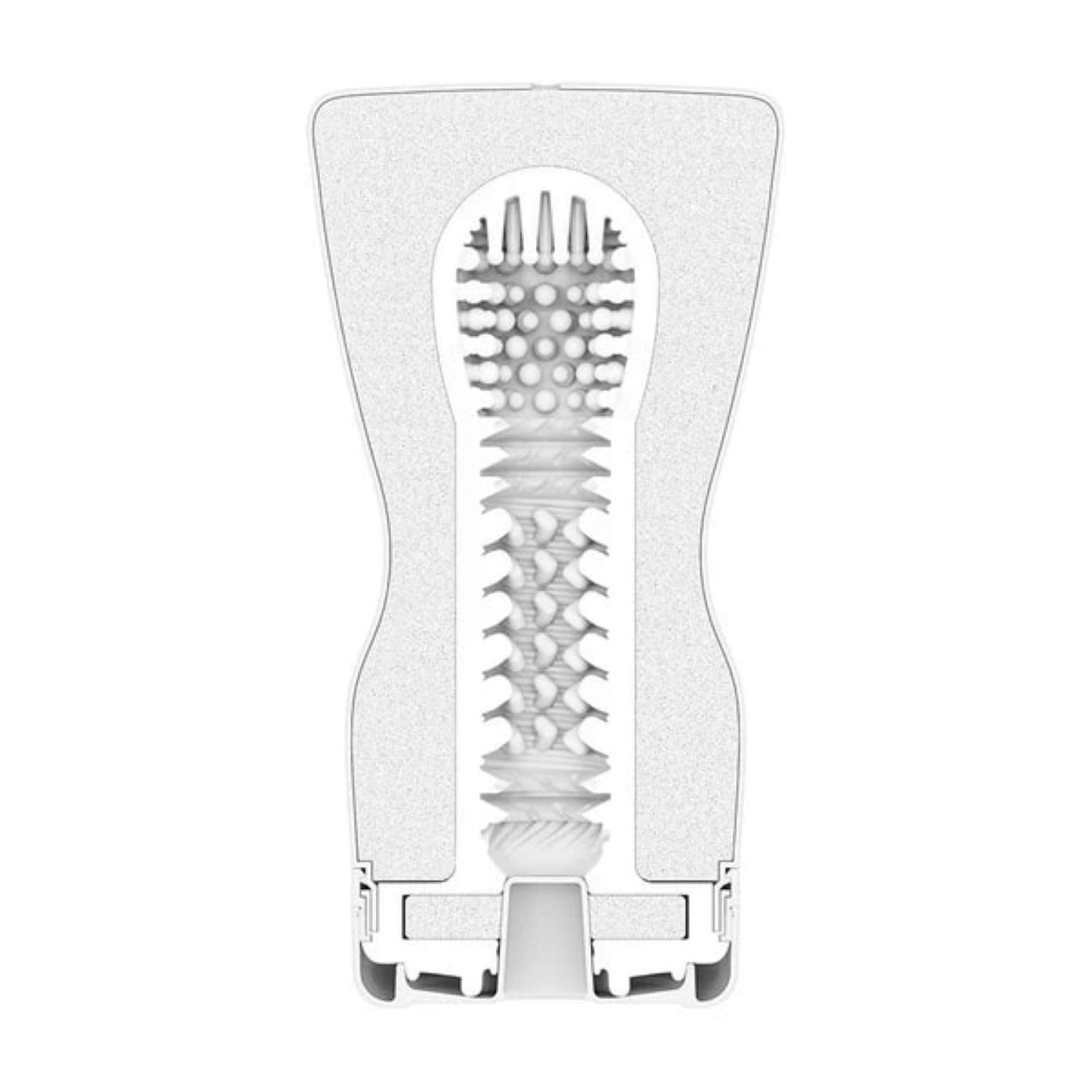 Biały, wewnętrzny widok zabawki erotycznej z teksturowanym wnętrzem i centralną wnęką.