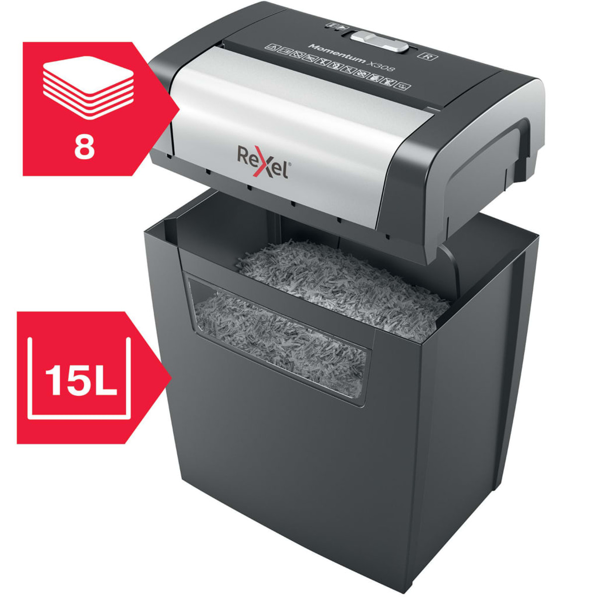 Niszczarka papieru ze zniszczonym papierem w pojemniku. Czerwone i białe etykiety.