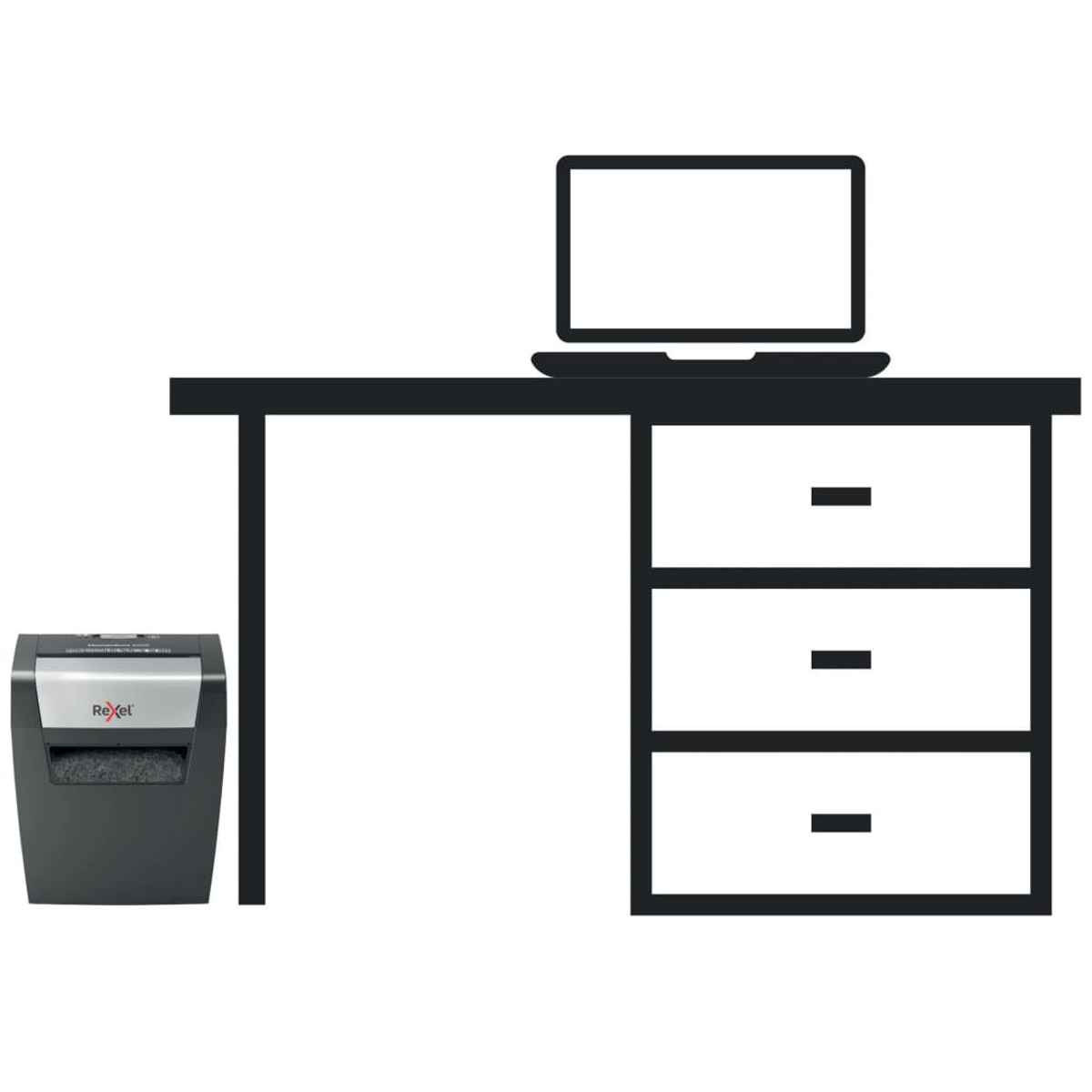 Biurko z laptopem, szufladą i czarną niszczarką. Widoczna marka Rexel.
