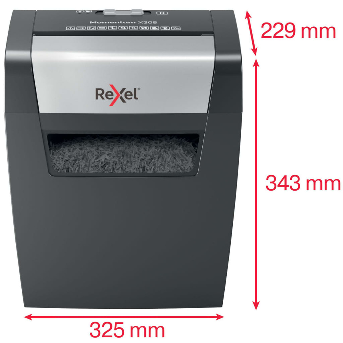 Czarna niszczarka ze srebrną górą. Wymiary: 325mm x 343mm x 229mm. Marka Rexel.