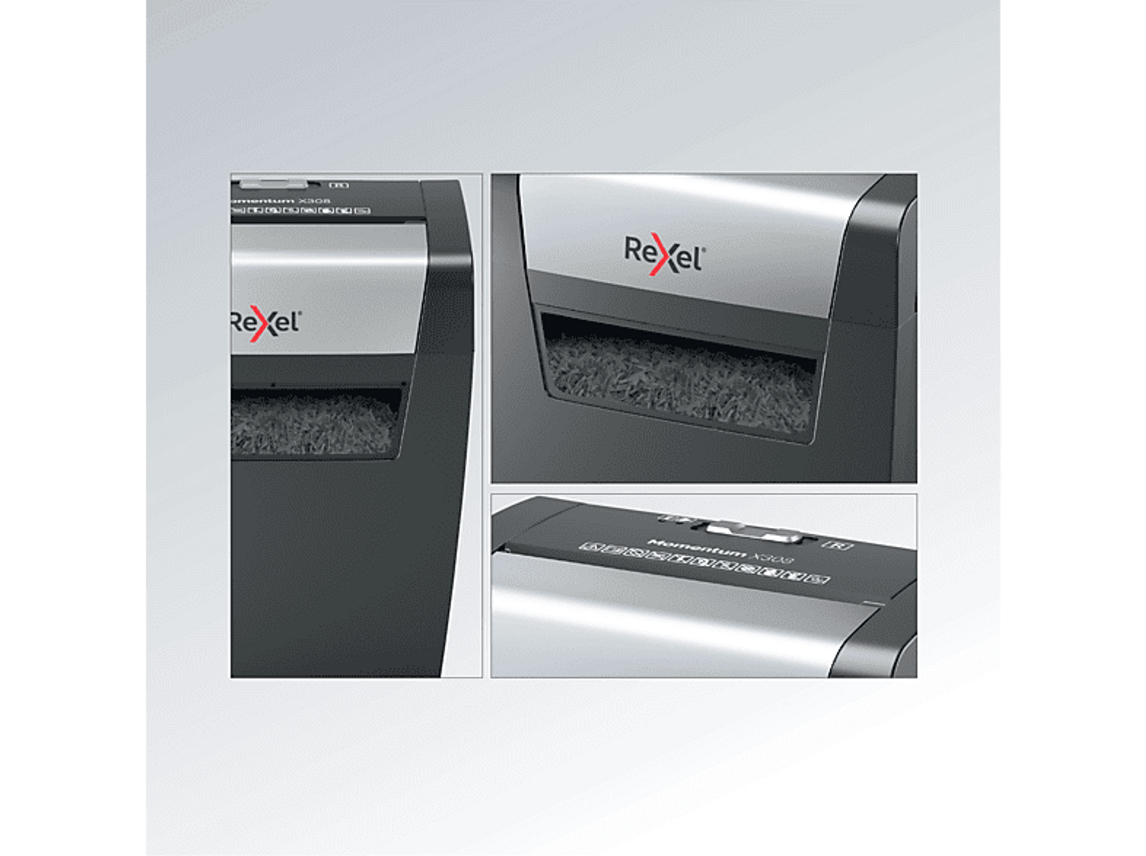 Zbliżenie niszczarki. Szczegóły maszyny i pocięty papier.