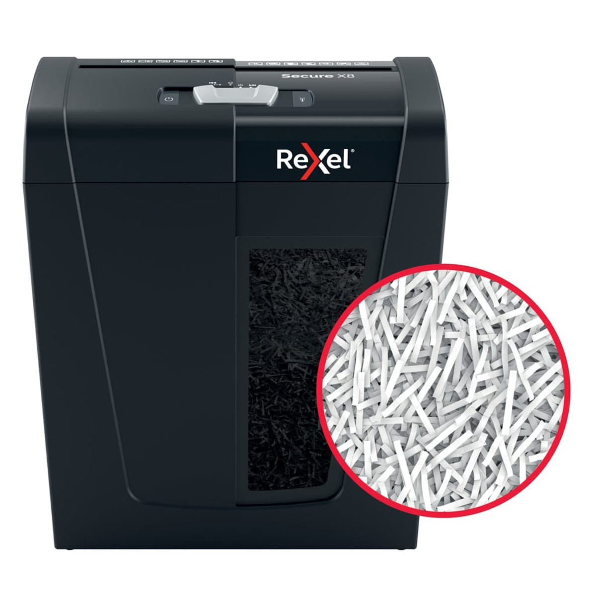 Czarna niszczarka do papieru z pociętym papierem w okręgu. Niszczarka na białym tle.