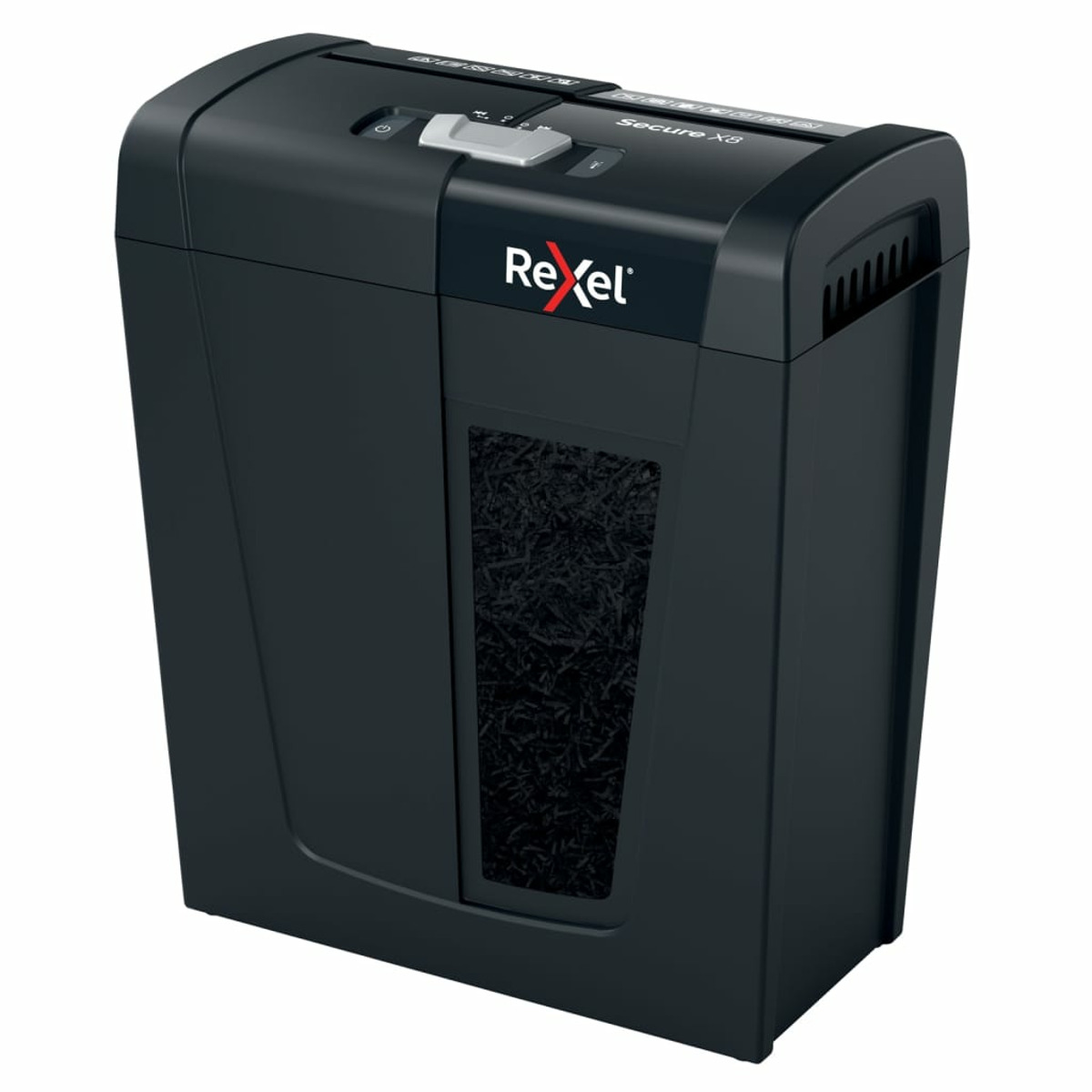 Czarna niszczarka Rexel. Ma elegancki design z przezroczystym oknem pokazującym pocięty papier.