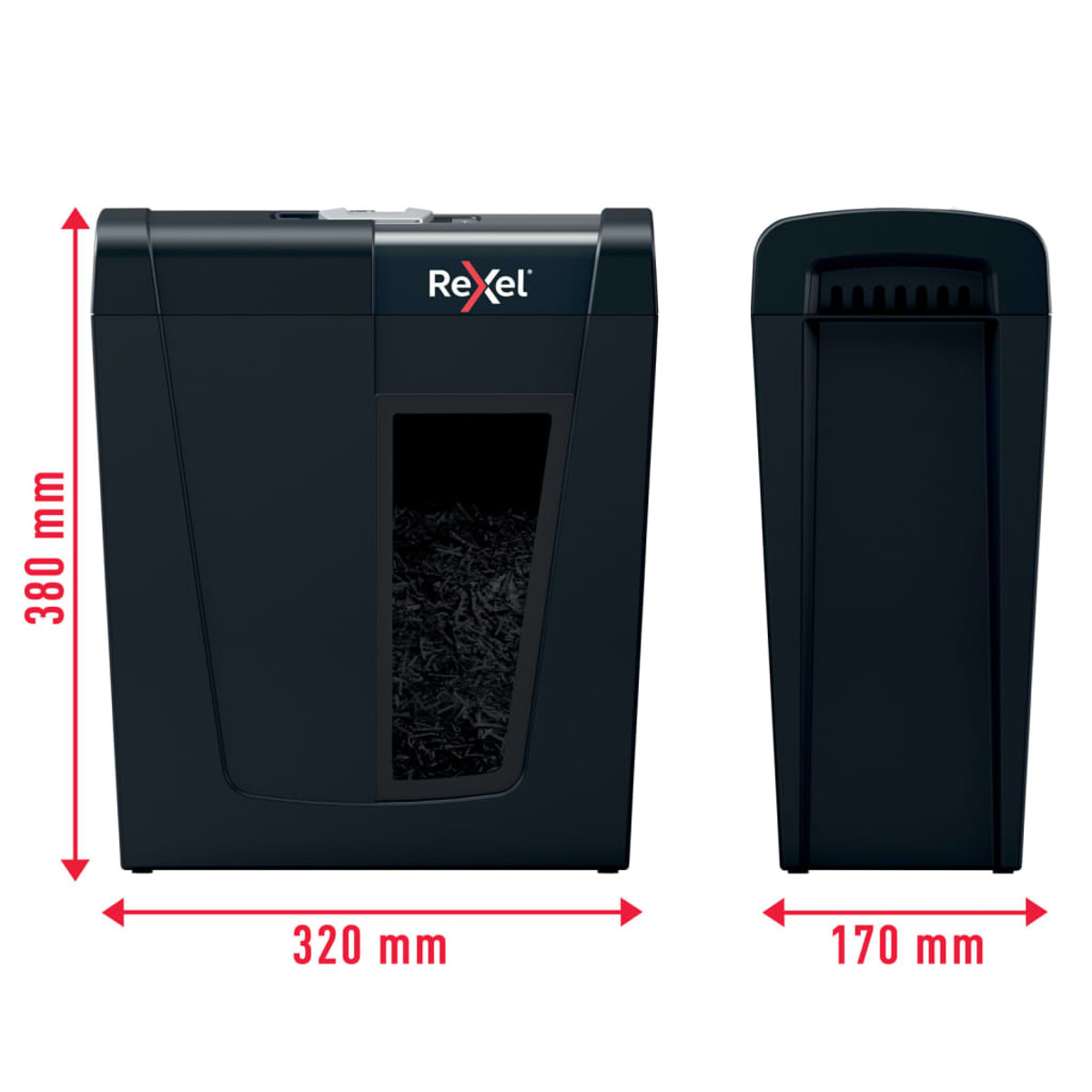 Czarna niszczarka Rexel z oddzielnym koszem. Wymiary: 380 mm wysokości, 320 mm szerokości i 170 mm głębokości.