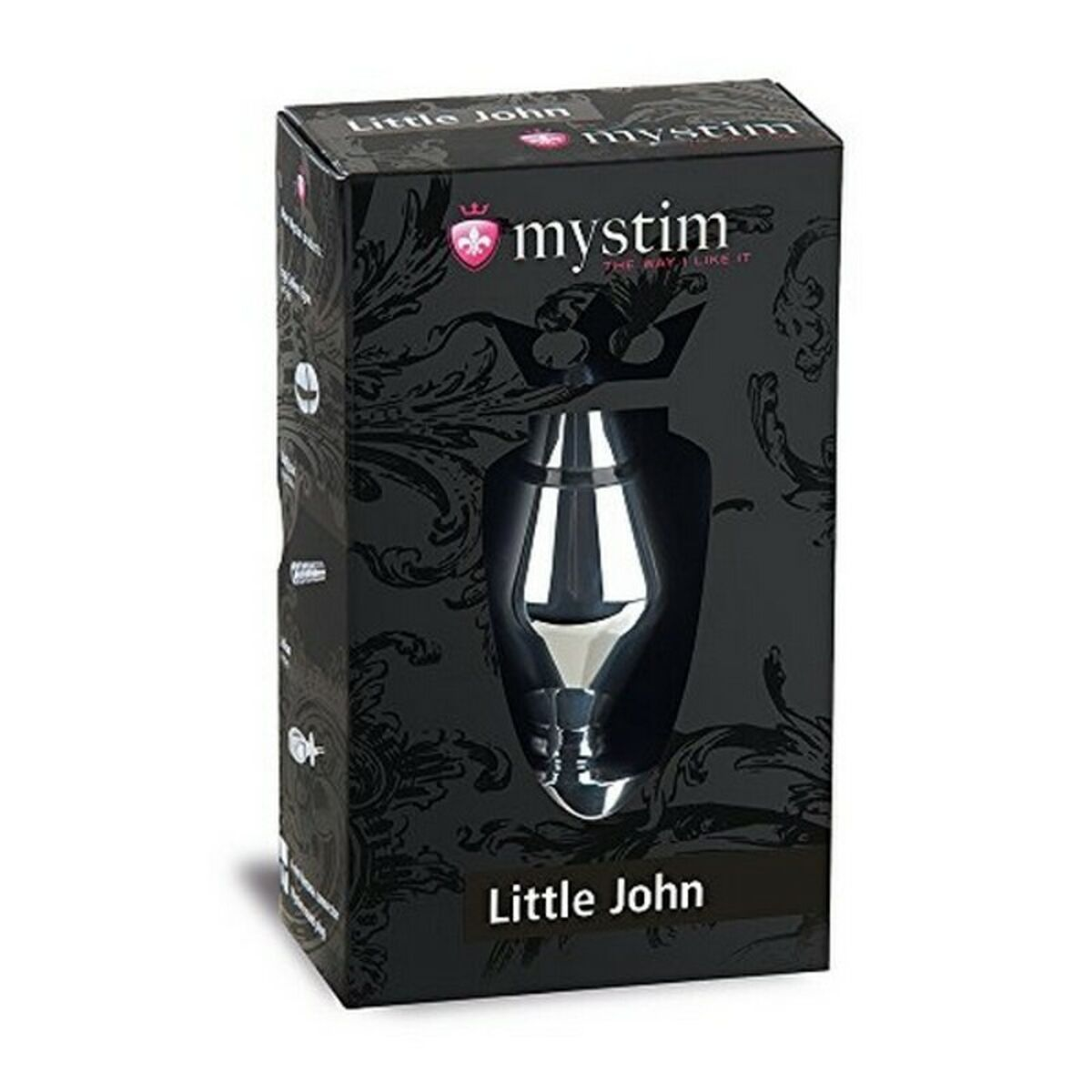Czarne pudełko z zabawką erotyczną w środku, na pudełku napis „Little John”.