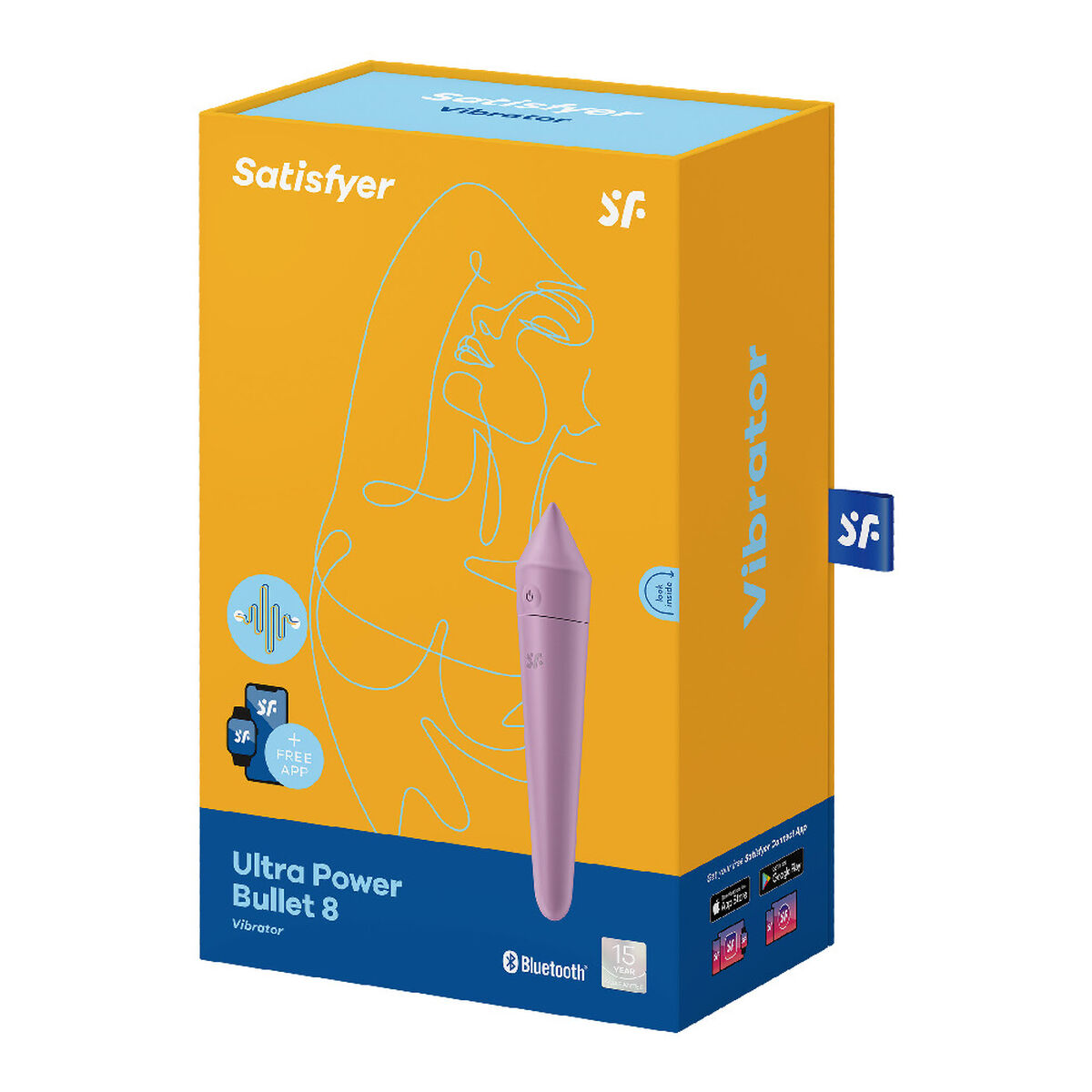 Caja con un juguete sexual morado, ilustración de una mujer y la palabra 'vibrador'.