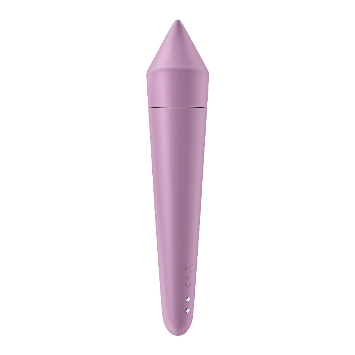 Juguete sexual de color lavanda, en forma de cono con base redondeada. Fondo blanco.
