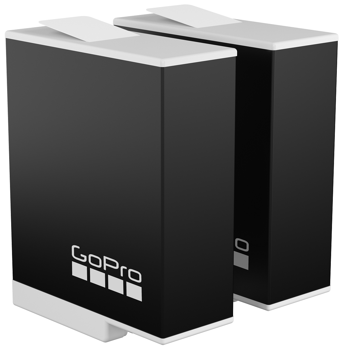 Zwei schwarze GoPro-Akkus. Sie sind rechteckig mit weißen Ober- und Unterseiten. Weißer Hintergrund.