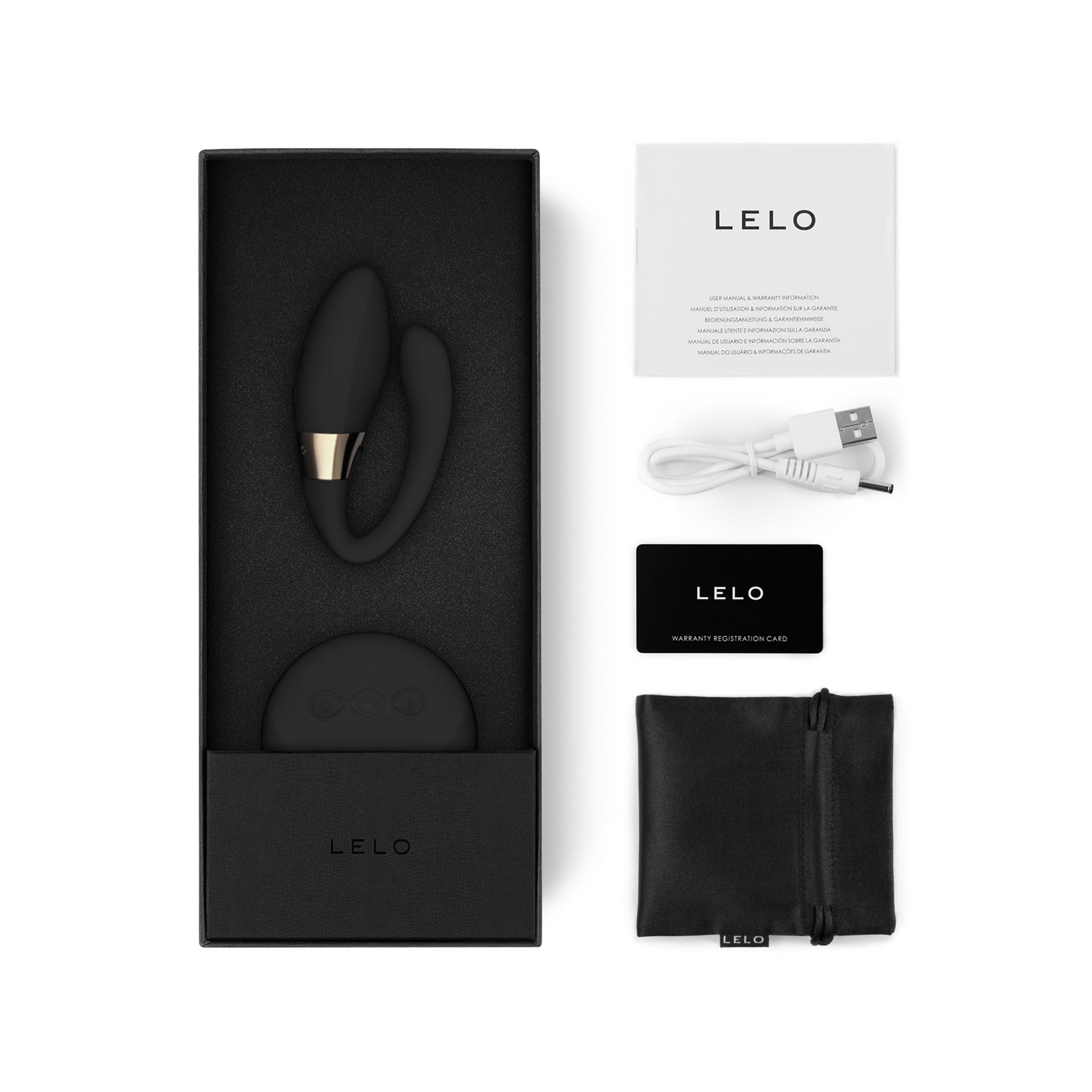 Un vibrador LELO negro y dorado con una base redonda y una cabeza curva.