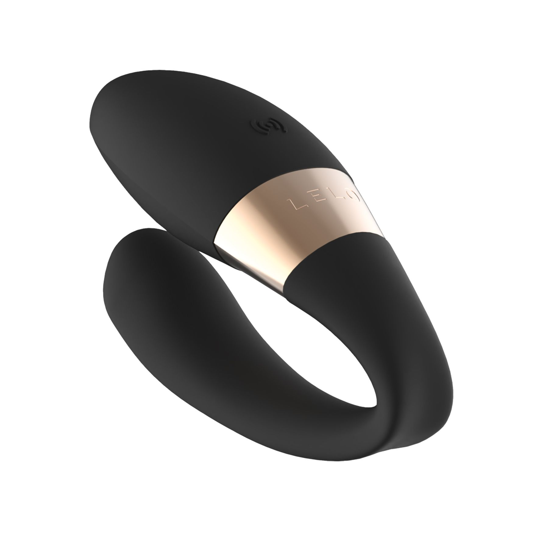 Vibrador negro con banda dorada. Diseño curvo. Producto sobre fondo blanco.