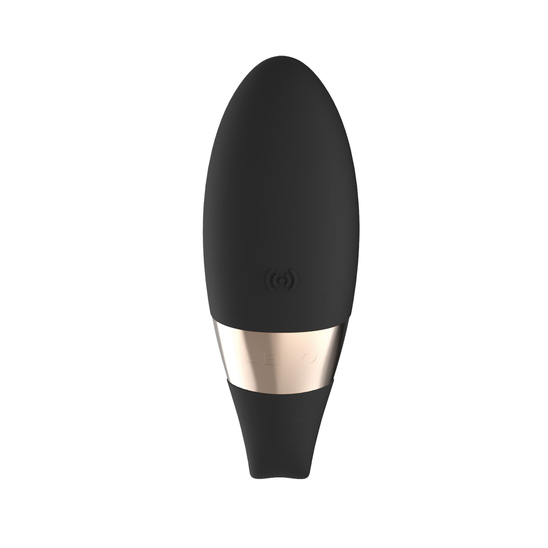 Vibrador negro en forma de bala con banda dorada. Producto sobre fondo blanco.