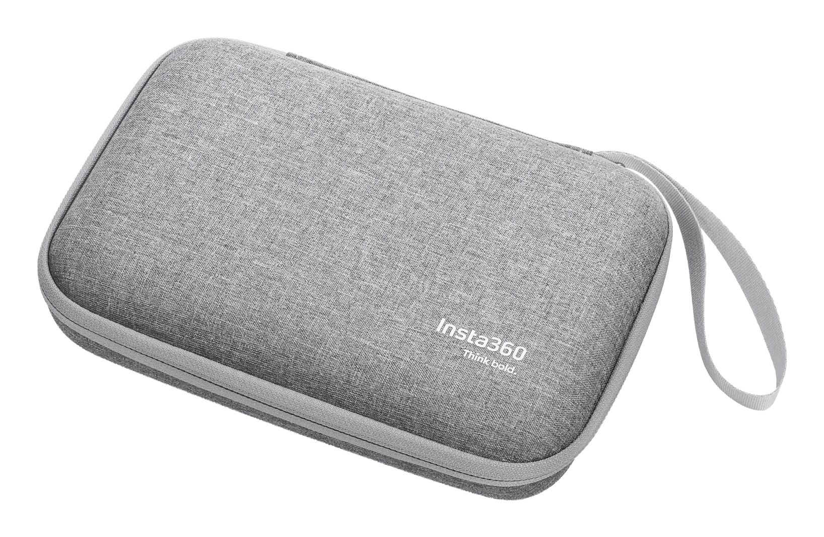 Szare etui Insta360 z uchwytem i logo.